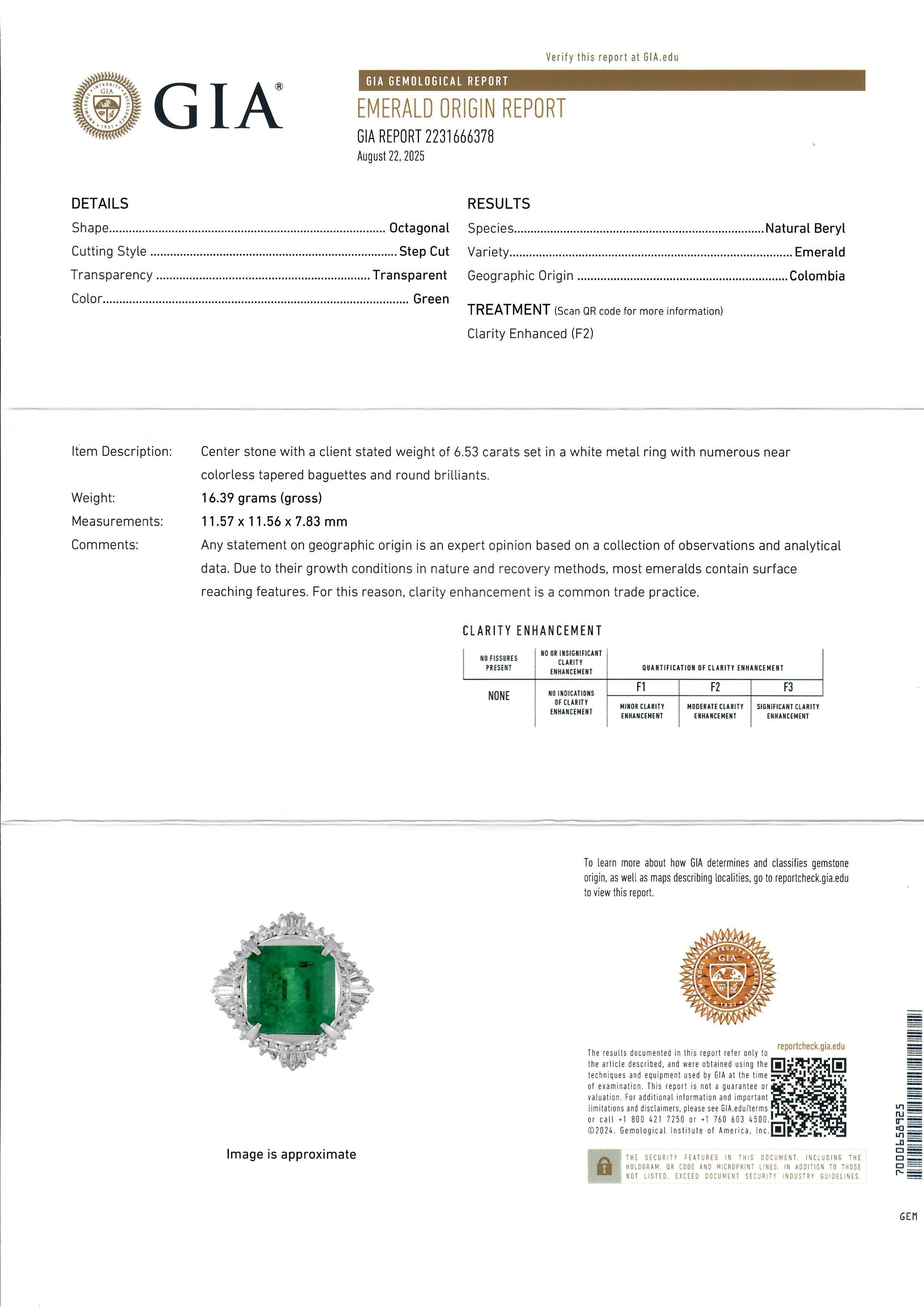 Bague ballerine en platine GIA 7.38ctw très fine émeraude colombienne avec diamant en vente 3
