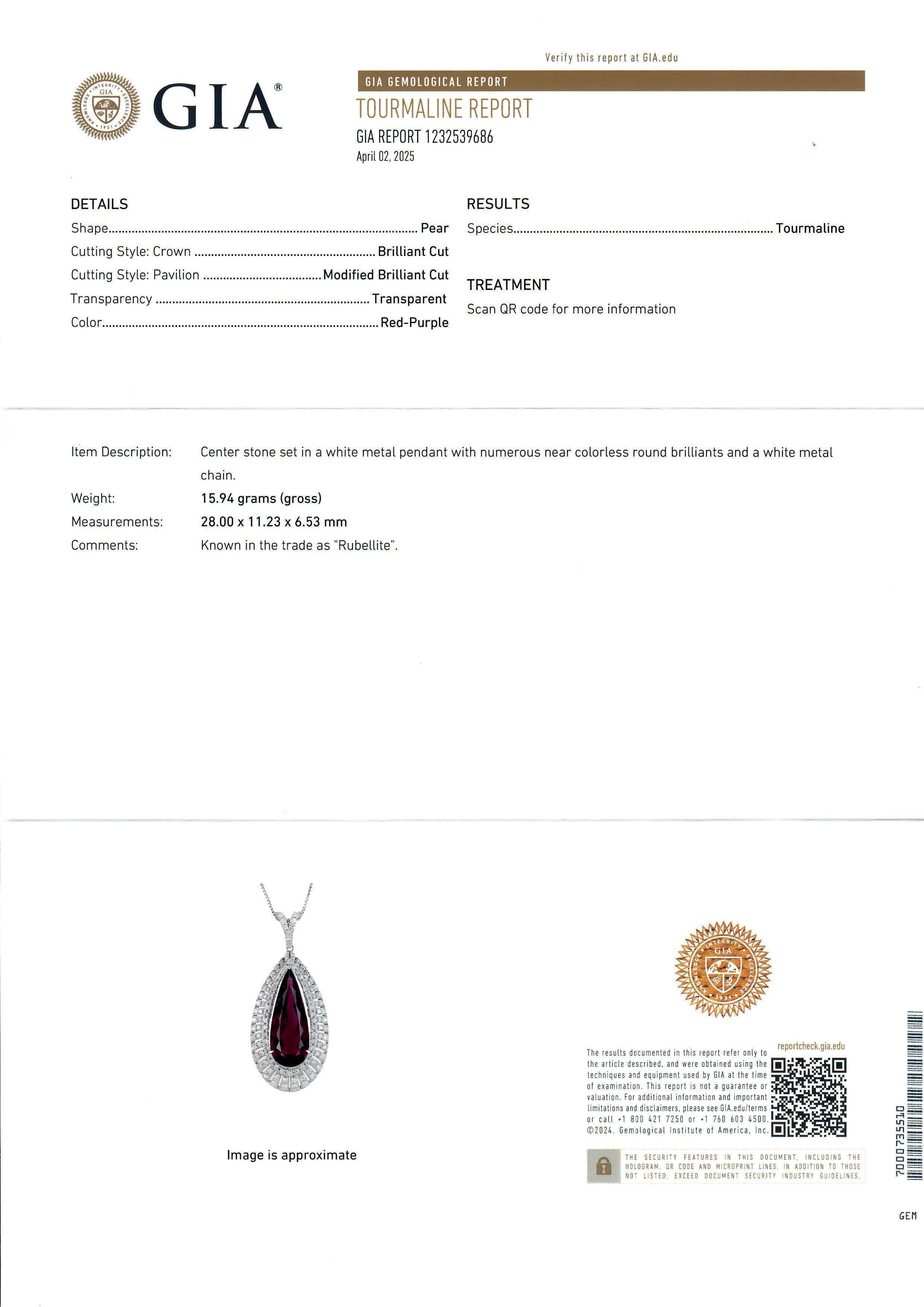 Donna Collana con ciondolo in platino GIA a forma di pera grande con tormalina rubellite e diamanti in vendita