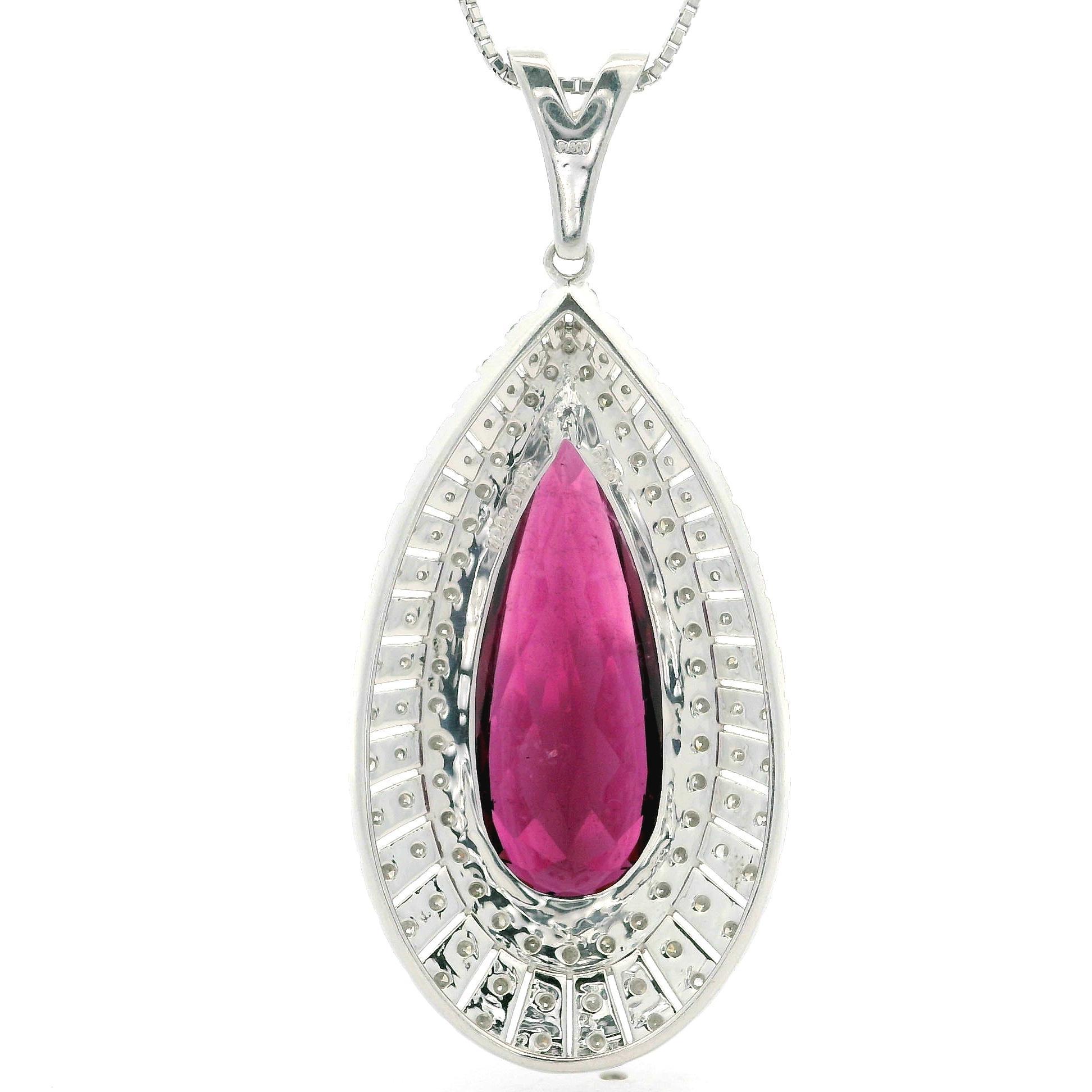 Collana con ciondolo in platino GIA a forma di pera grande con tormalina rubellite e diamanti in vendita 4