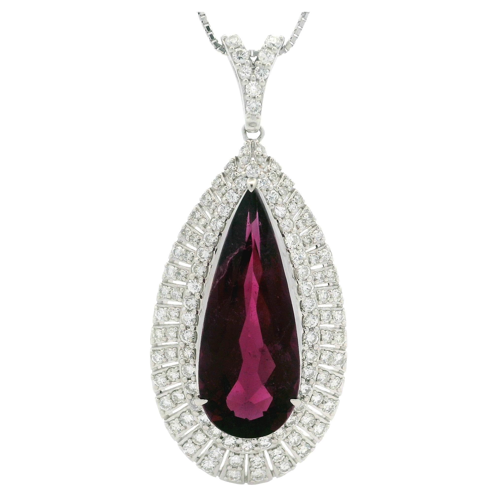 Platinum GIA Large Pear Tear Drop Rubellite Tourmaline Diamond Pendant Necklace