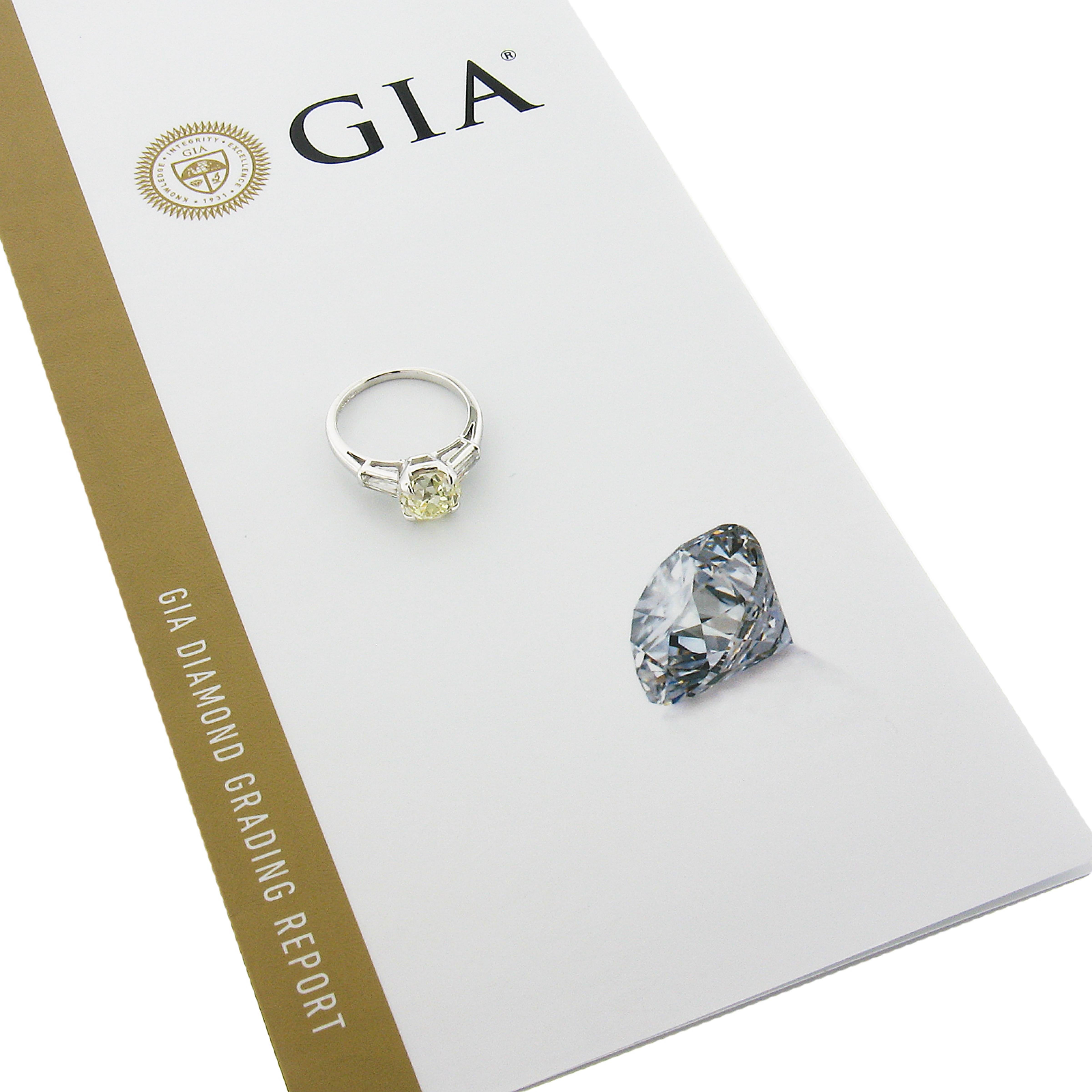 Platinum GIA Light Yellow European & Tapered Baguette Diamond Engagement Ring For Sale 4