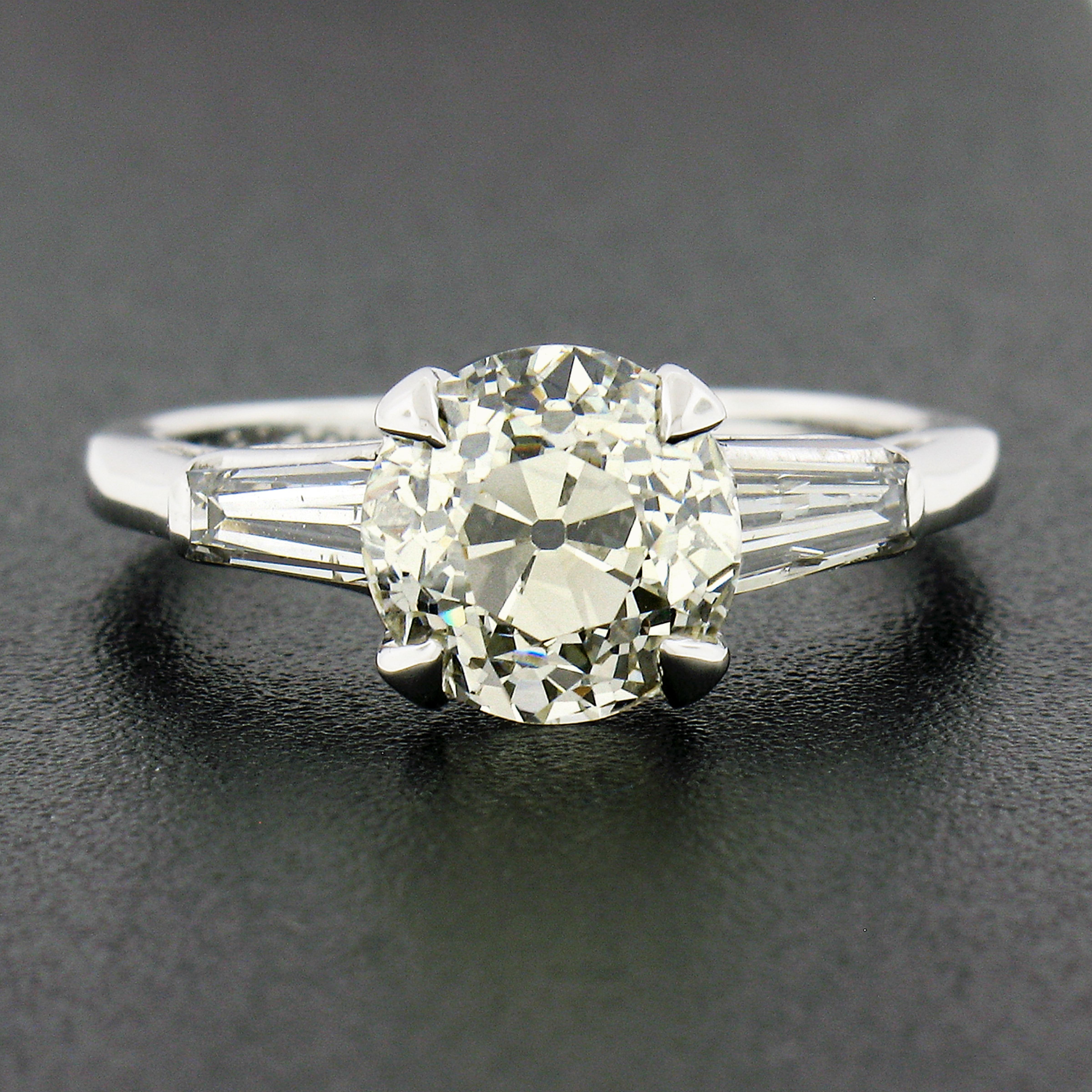 Art Deco Platinum GIA Light Yellow European & Tapered Baguette Diamond Engagement Ring For Sale