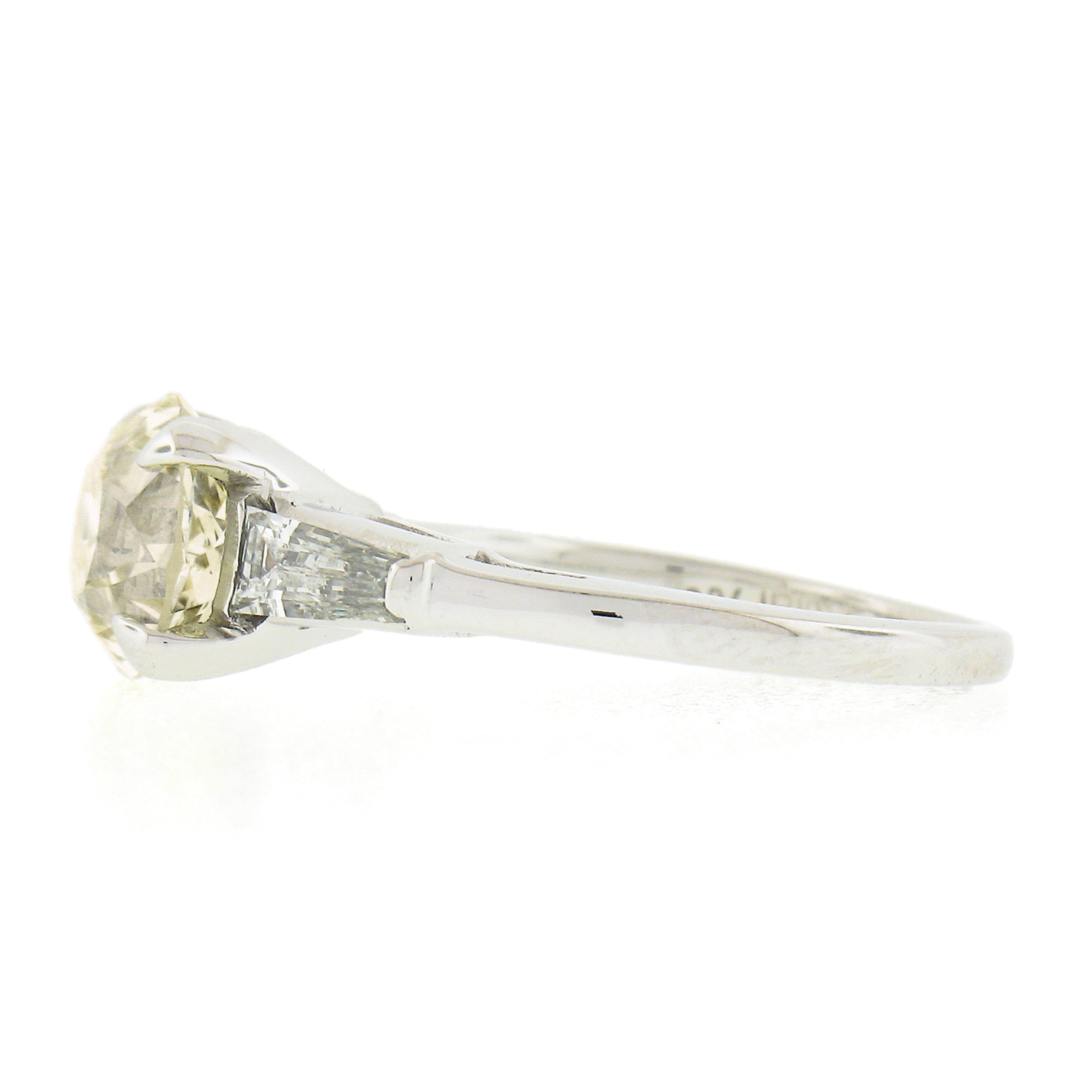 Women's Platinum GIA Light Yellow European & Tapered Baguette Diamond Engagement Ring For Sale