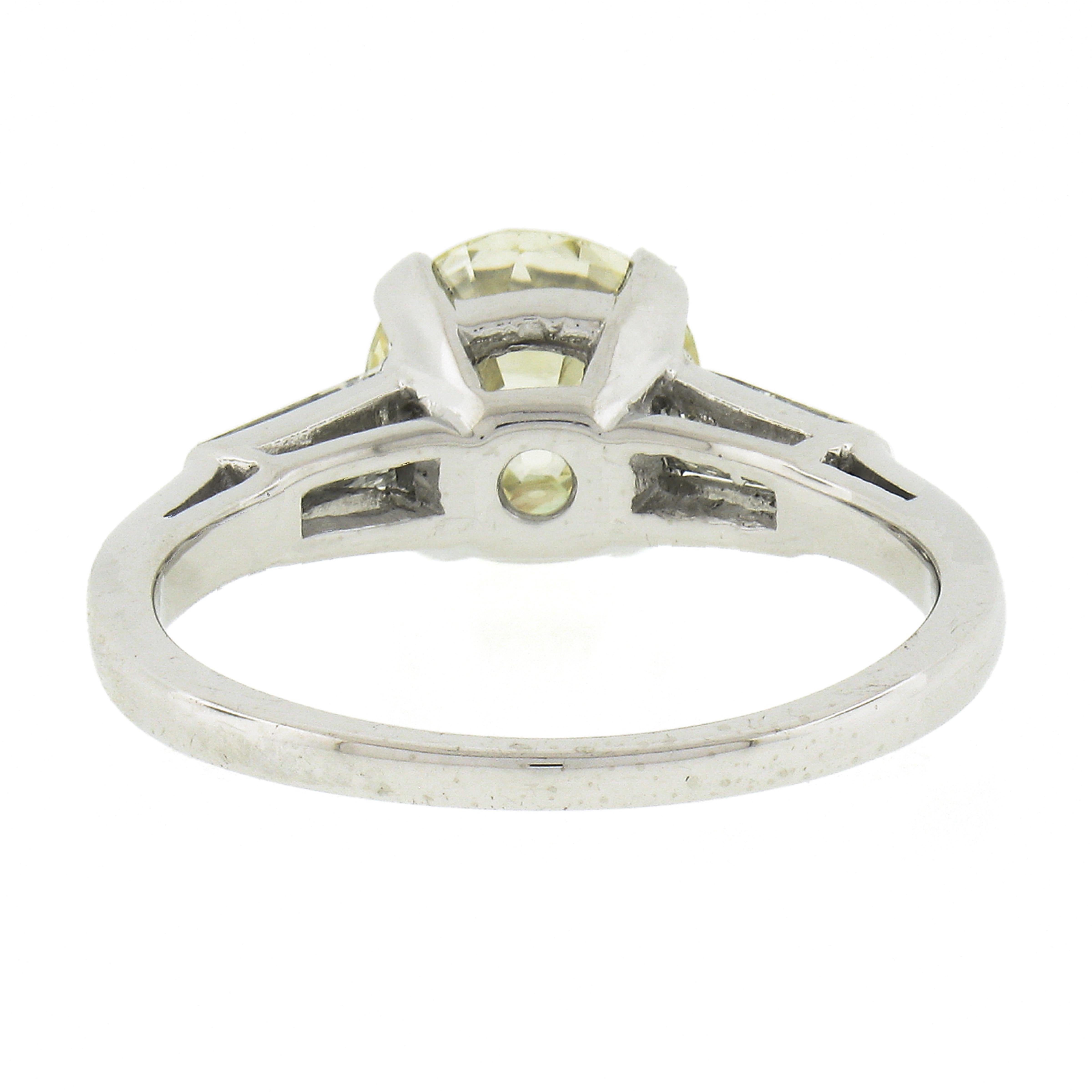 Platinum GIA Light Yellow European & Tapered Baguette Diamond Engagement Ring For Sale 1