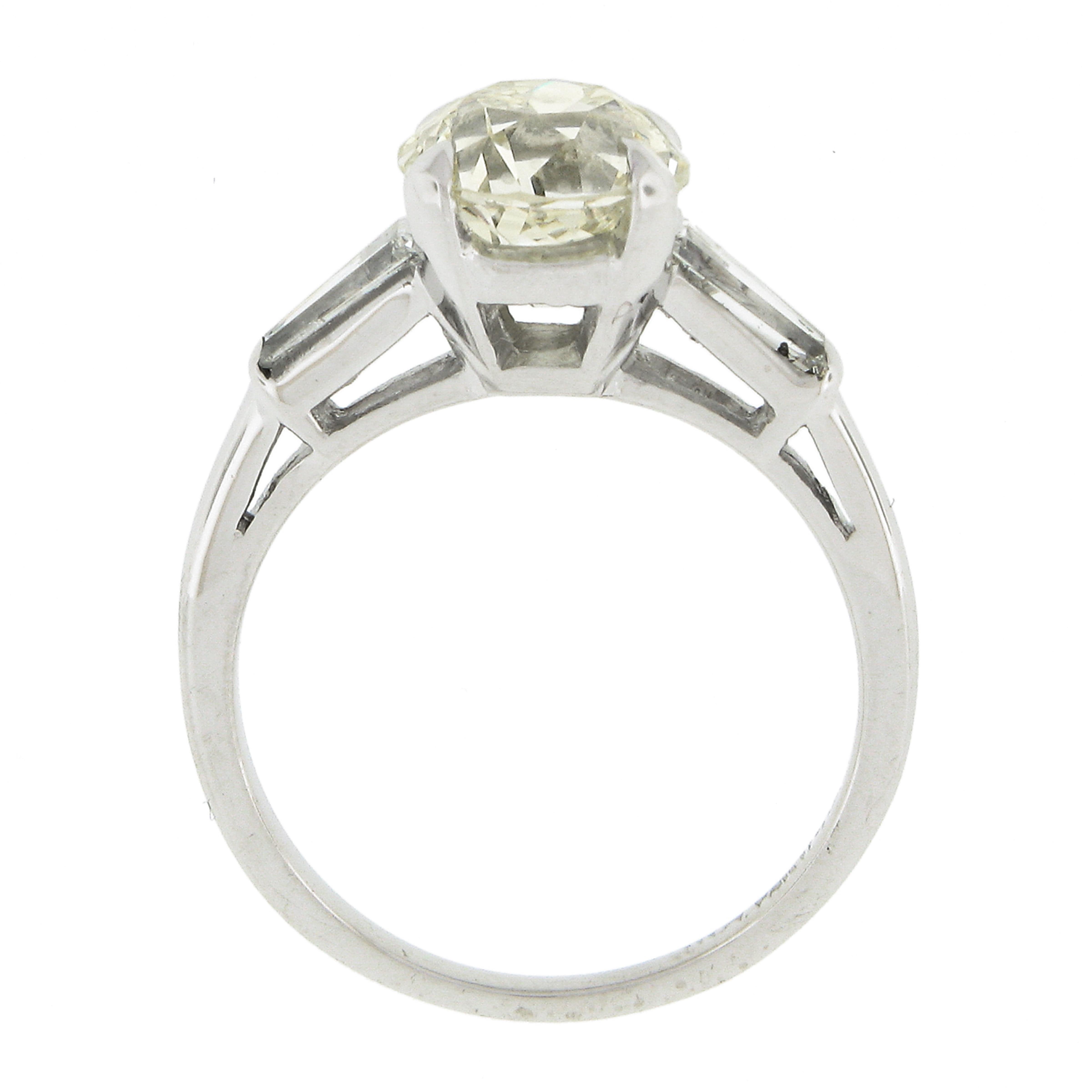Platinum GIA Light Yellow European & Tapered Baguette Diamond Engagement Ring For Sale 2