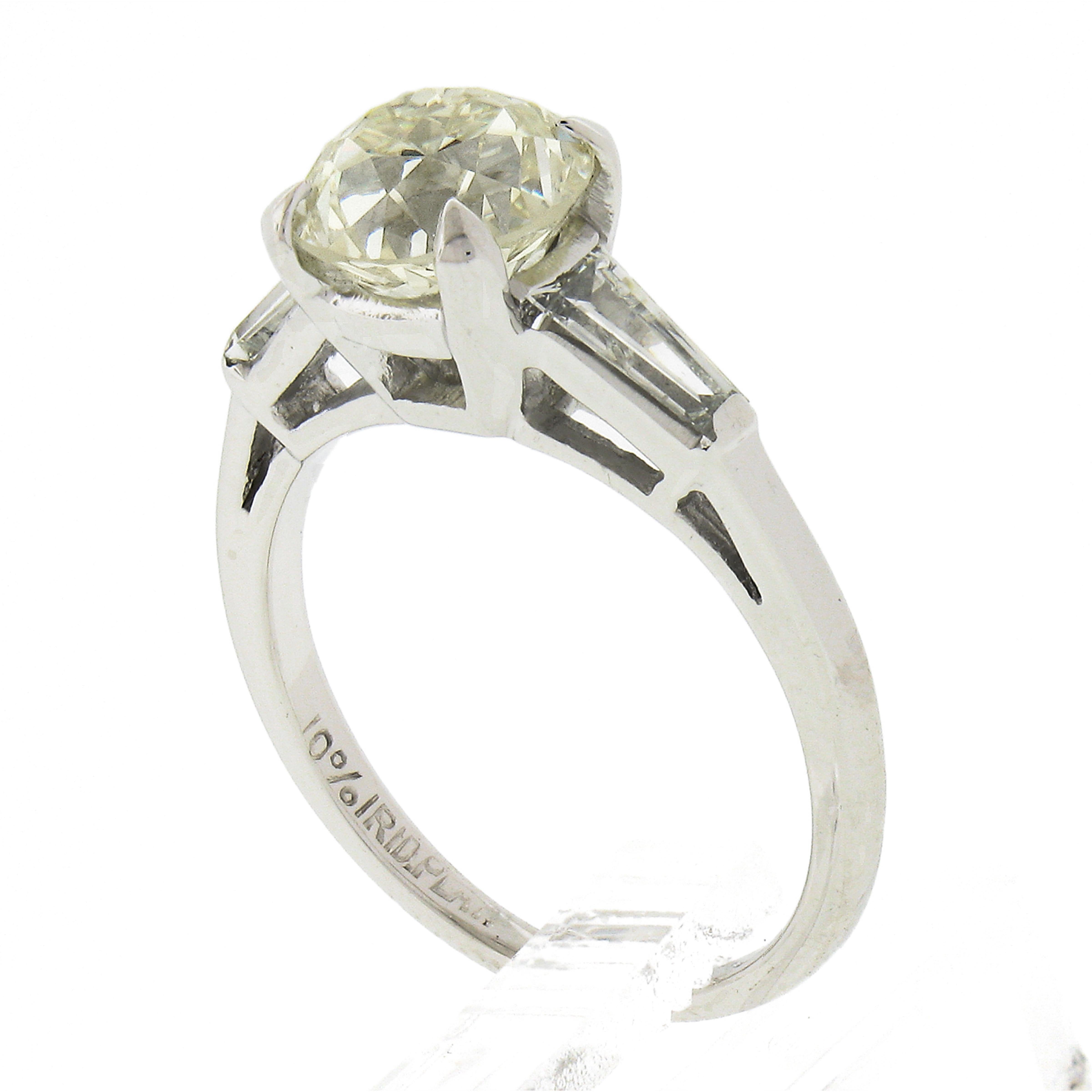 Platinum GIA Light Yellow European & Tapered Baguette Diamond Engagement Ring For Sale 3