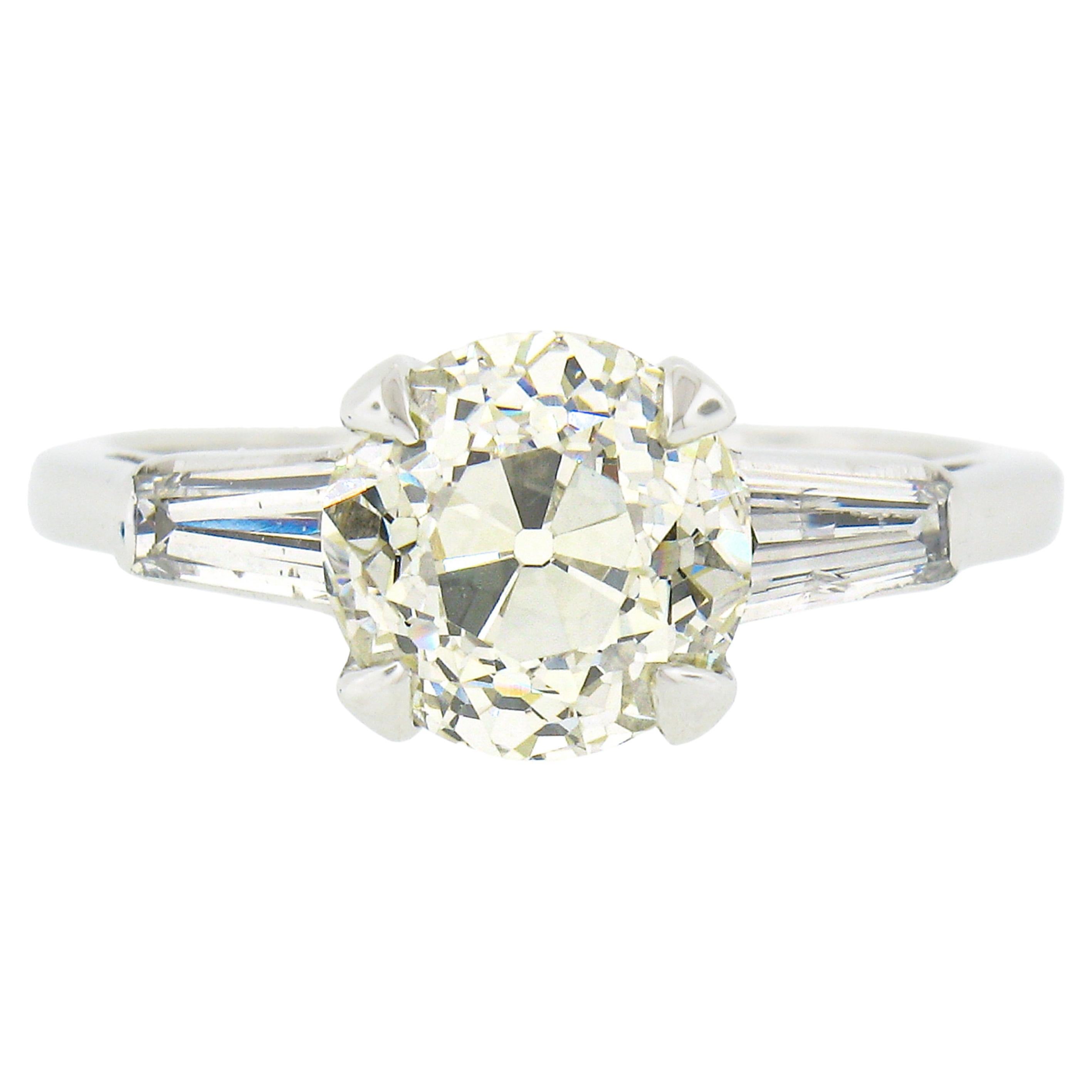 Platinum GIA Light Yellow European & Tapered Baguette Diamond Engagement Ring For Sale