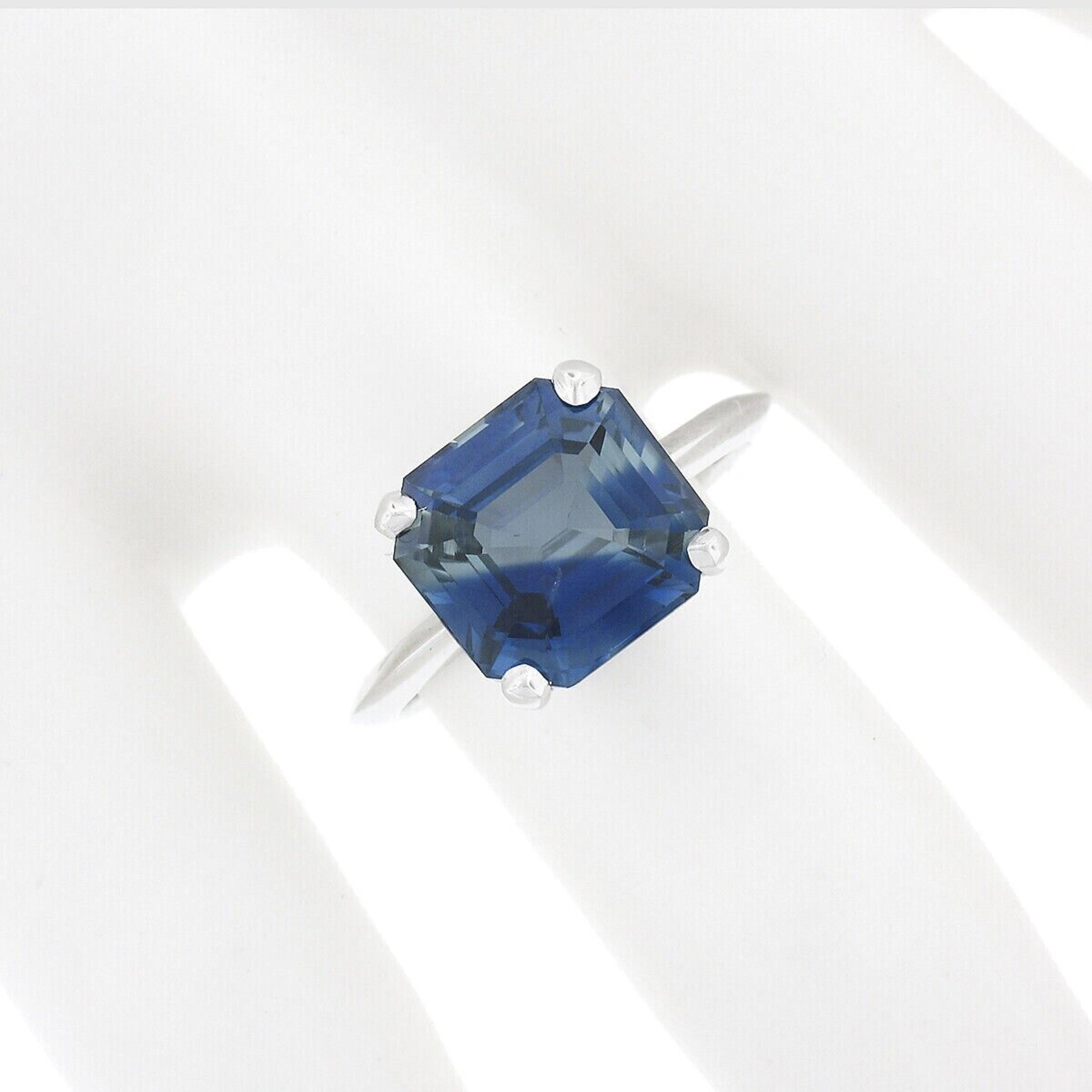 Octagon Cut Platinum GIA No Heat 6.21ctw Zoned Greenish Blue Emerald Cut Sapphire Ring For Sale