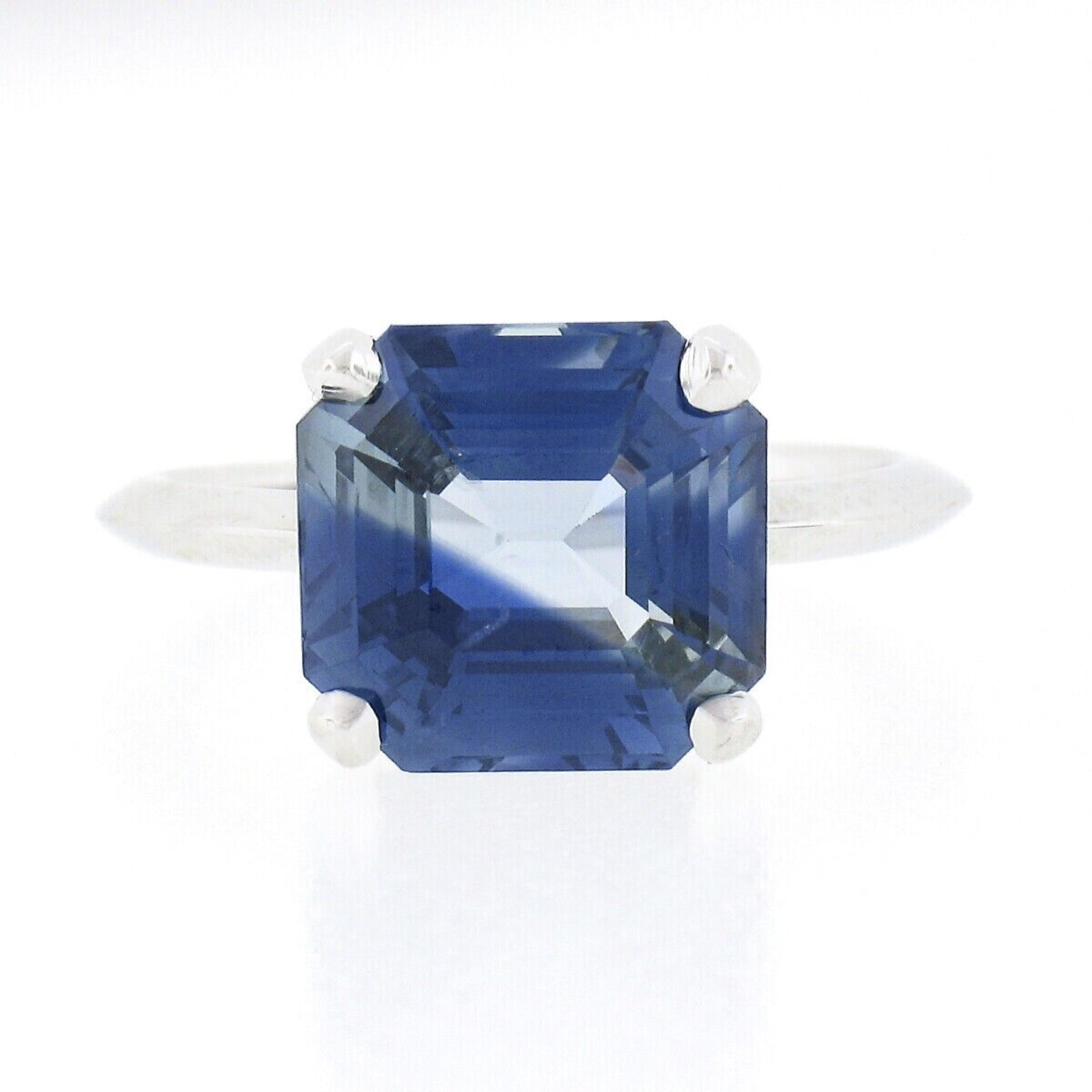 Platinum GIA No Heat 6.21ctw Zoned Greenish Blue Emerald Cut Sapphire Ring In New Condition For Sale In Montclair, NJ