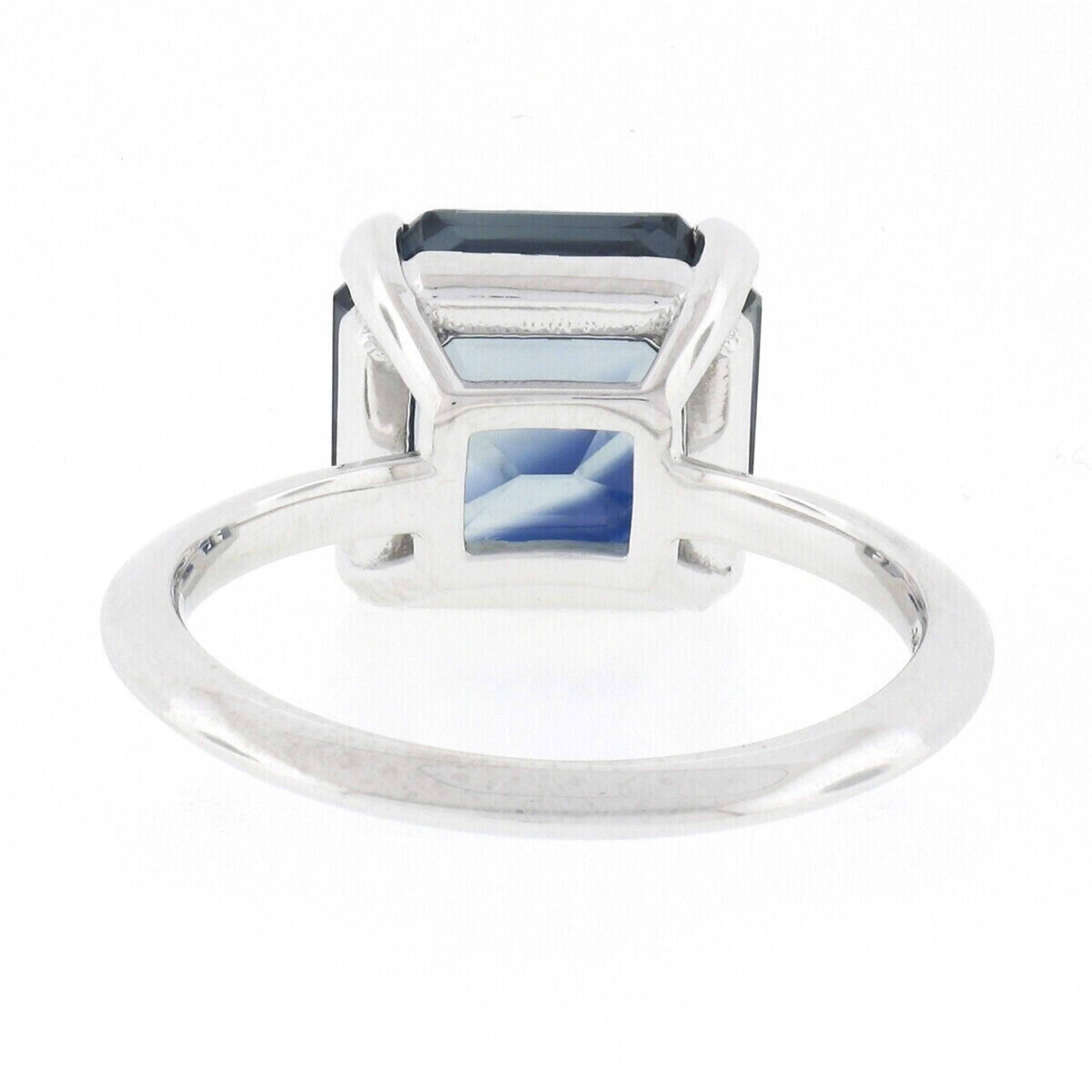 Platinum GIA No Heat 6.21ctw Zoned Greenish Blue Emerald Cut Sapphire Ring For Sale 2