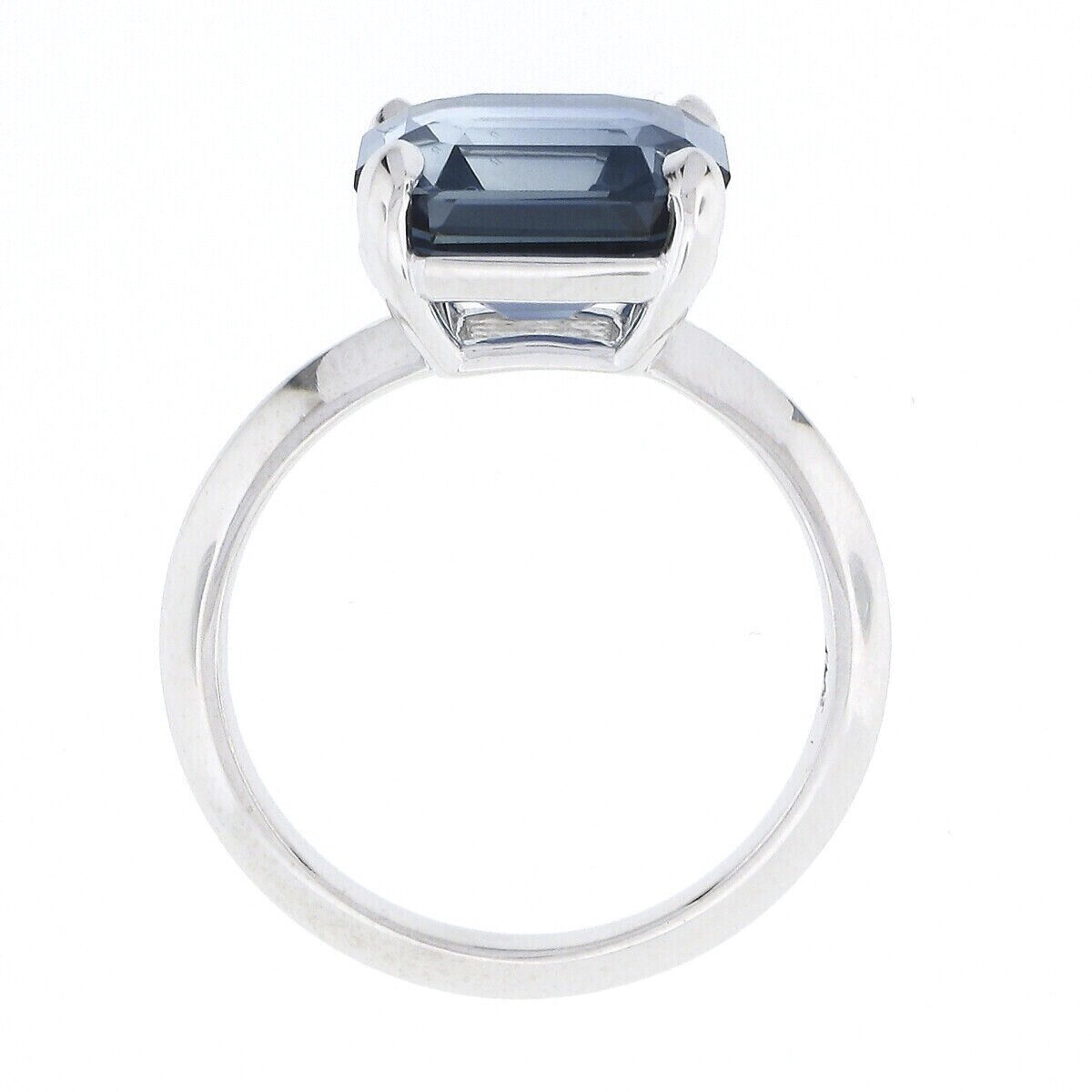 Platinum GIA No Heat 6.21ctw Zoned Greenish Blue Emerald Cut Sapphire Ring For Sale 3
