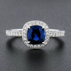 Platinum GIA No Heat Cushion Sapphire Solitaire w/ Diamond Halo Engagement Ring