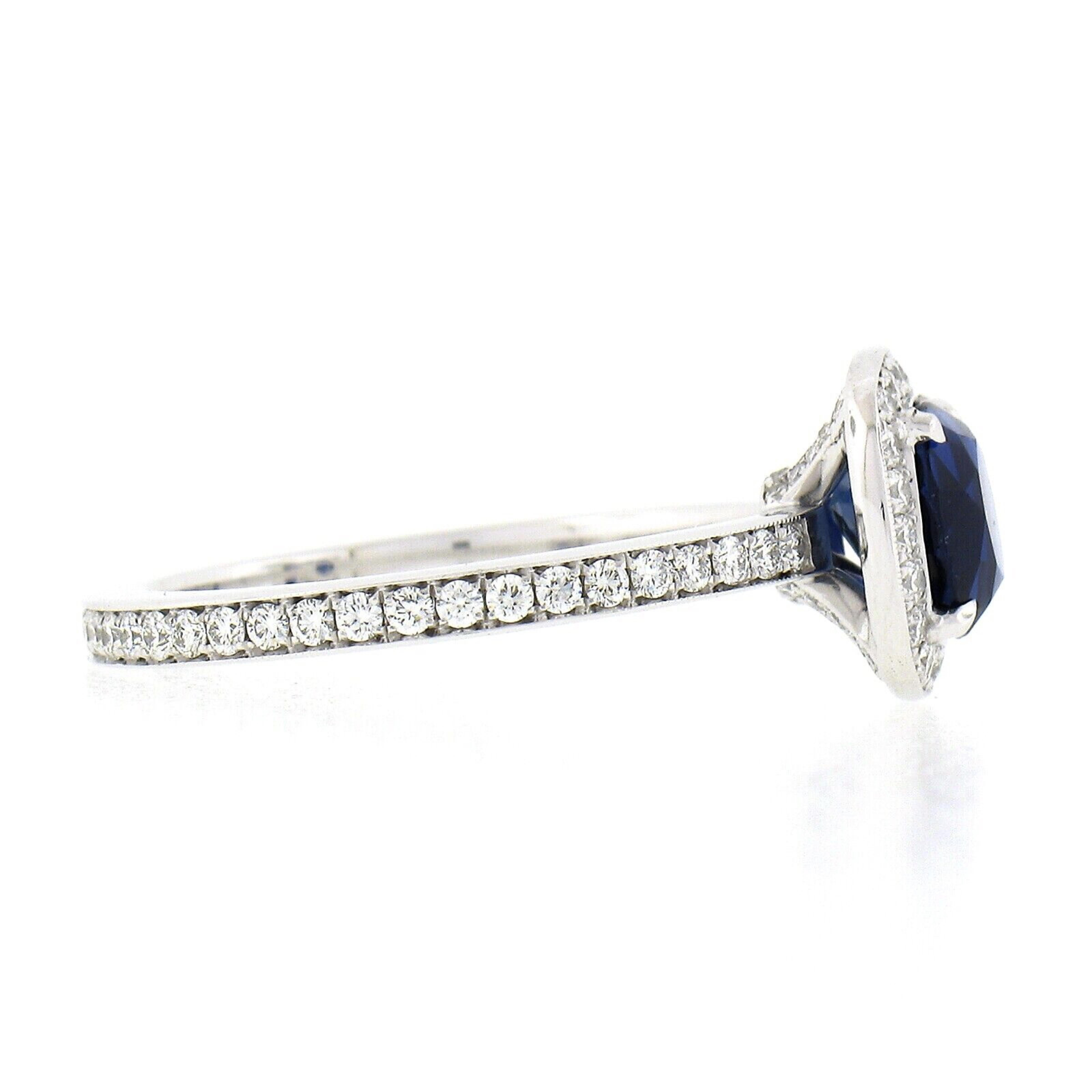 Women's Platinum GIA No Heat Cushion Sapphire Solitaire w/ Diamond Halo Engagement Ring For Sale