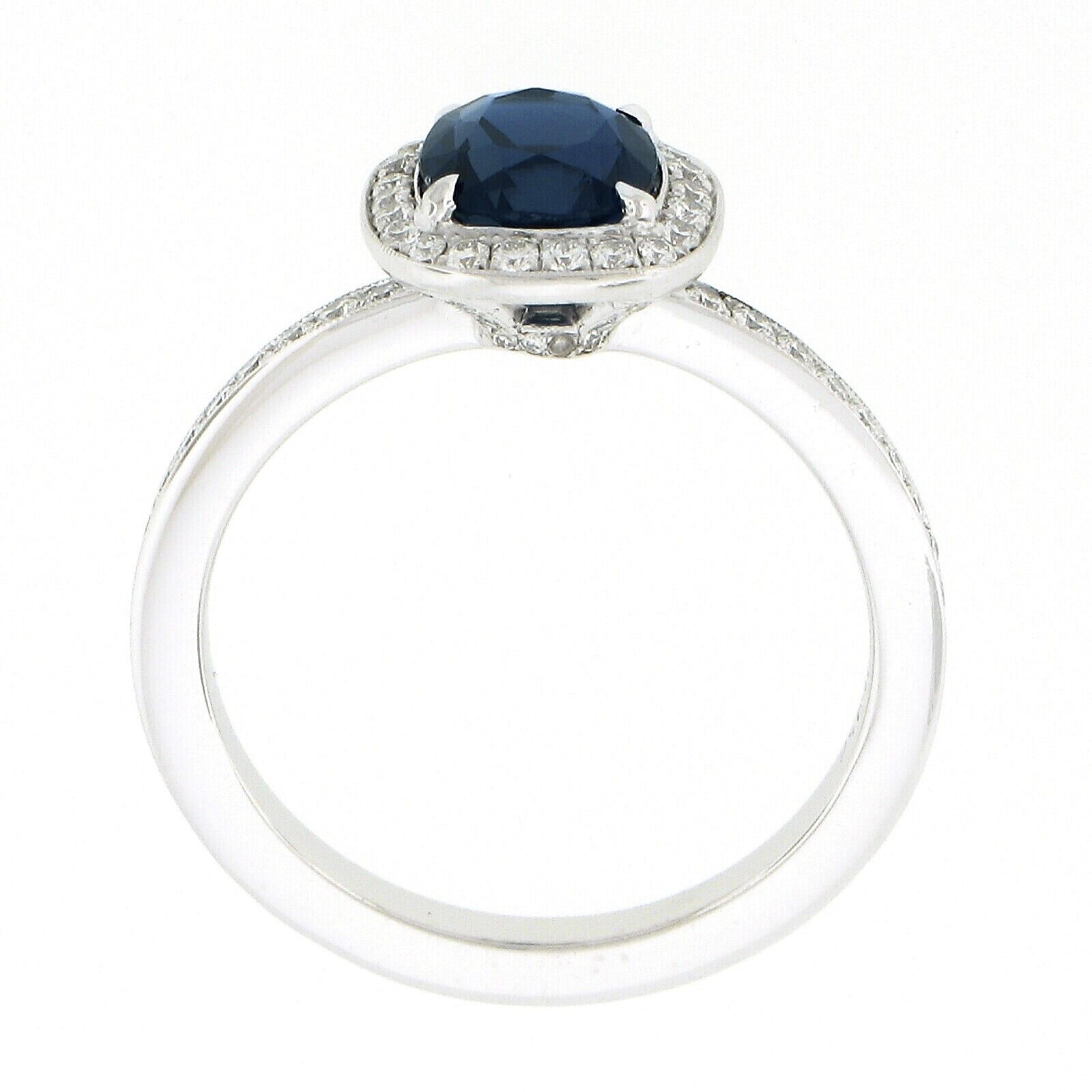Platinum GIA No Heat Cushion Sapphire Solitaire w/ Diamond Halo Engagement Ring For Sale 3