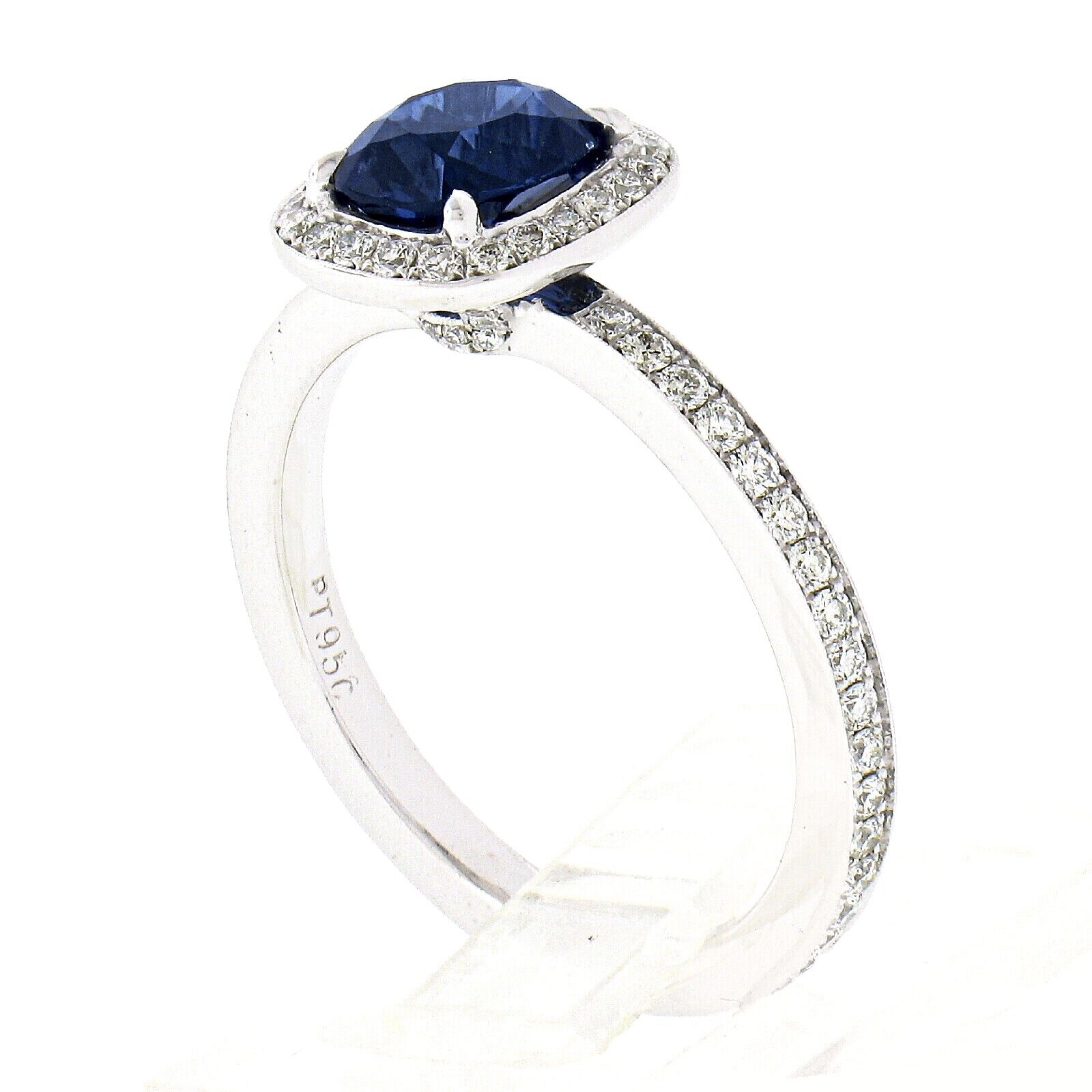 Platinum GIA No Heat Cushion Sapphire Solitaire w/ Diamond Halo Engagement Ring For Sale 4