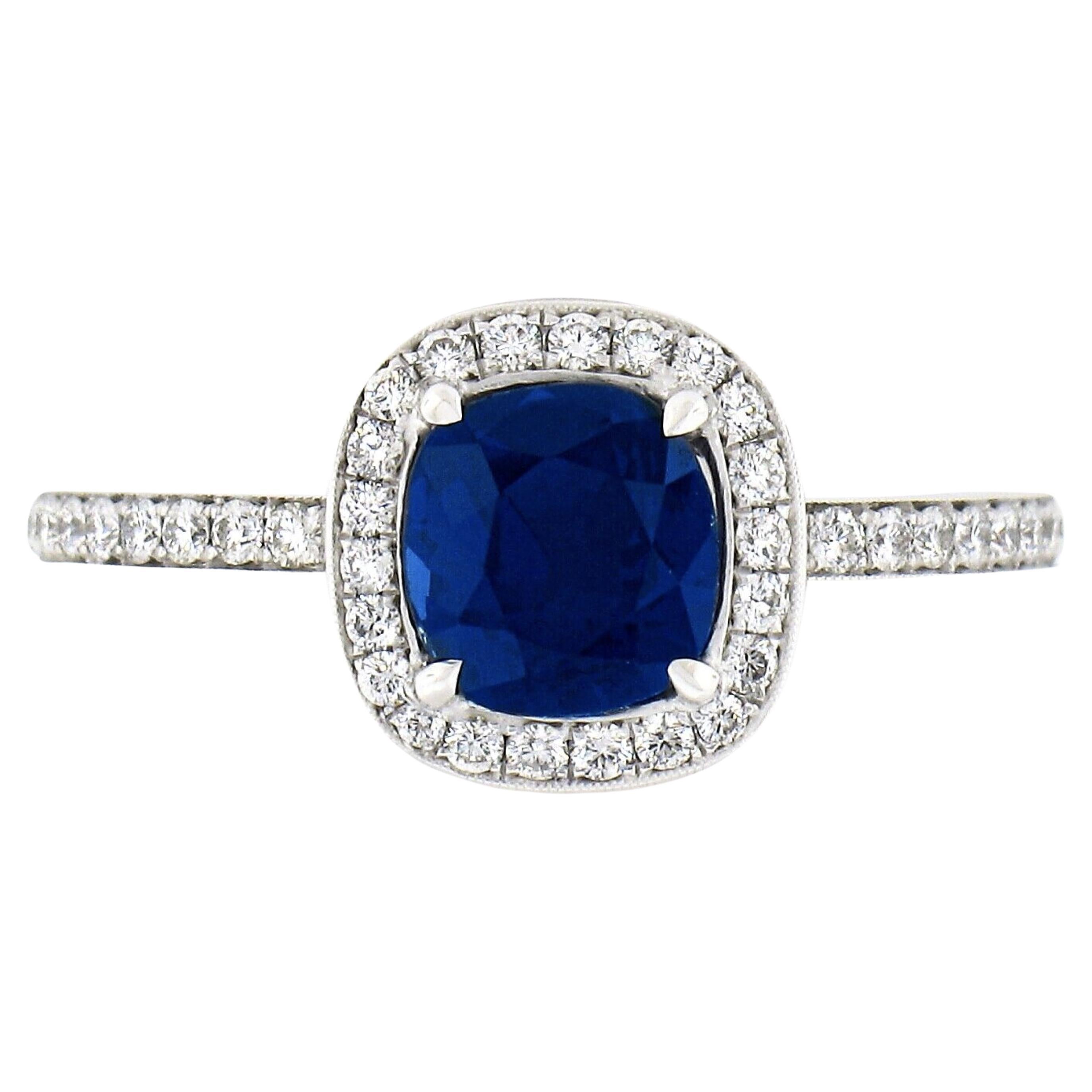 Platinum GIA No Heat Cushion Sapphire Solitaire w/ Diamond Halo Engagement Ring For Sale