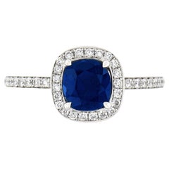 Platinum GIA No Heat Cushion Sapphire Solitaire w/ Diamond Halo Engagement Ring