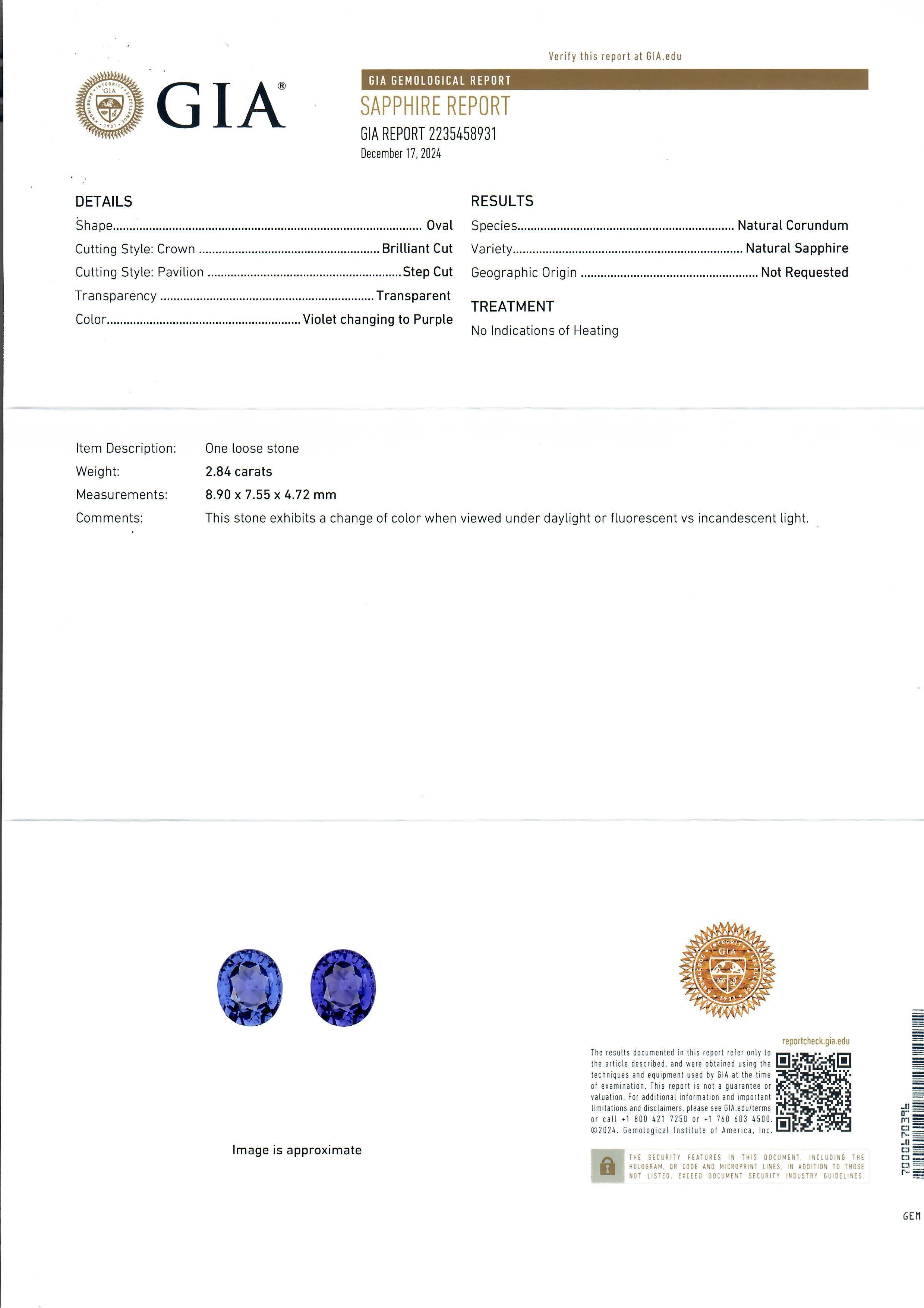 Oval Cut Platinum GIA No Heat Purple Violet Color Change Sapphire Trillion Diamond Ring For Sale