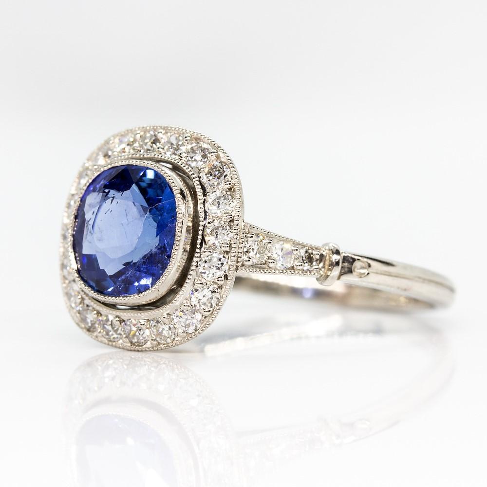 Old Mine Cut Platinum GIA No Heat Sapphire Engagement Ring For Sale