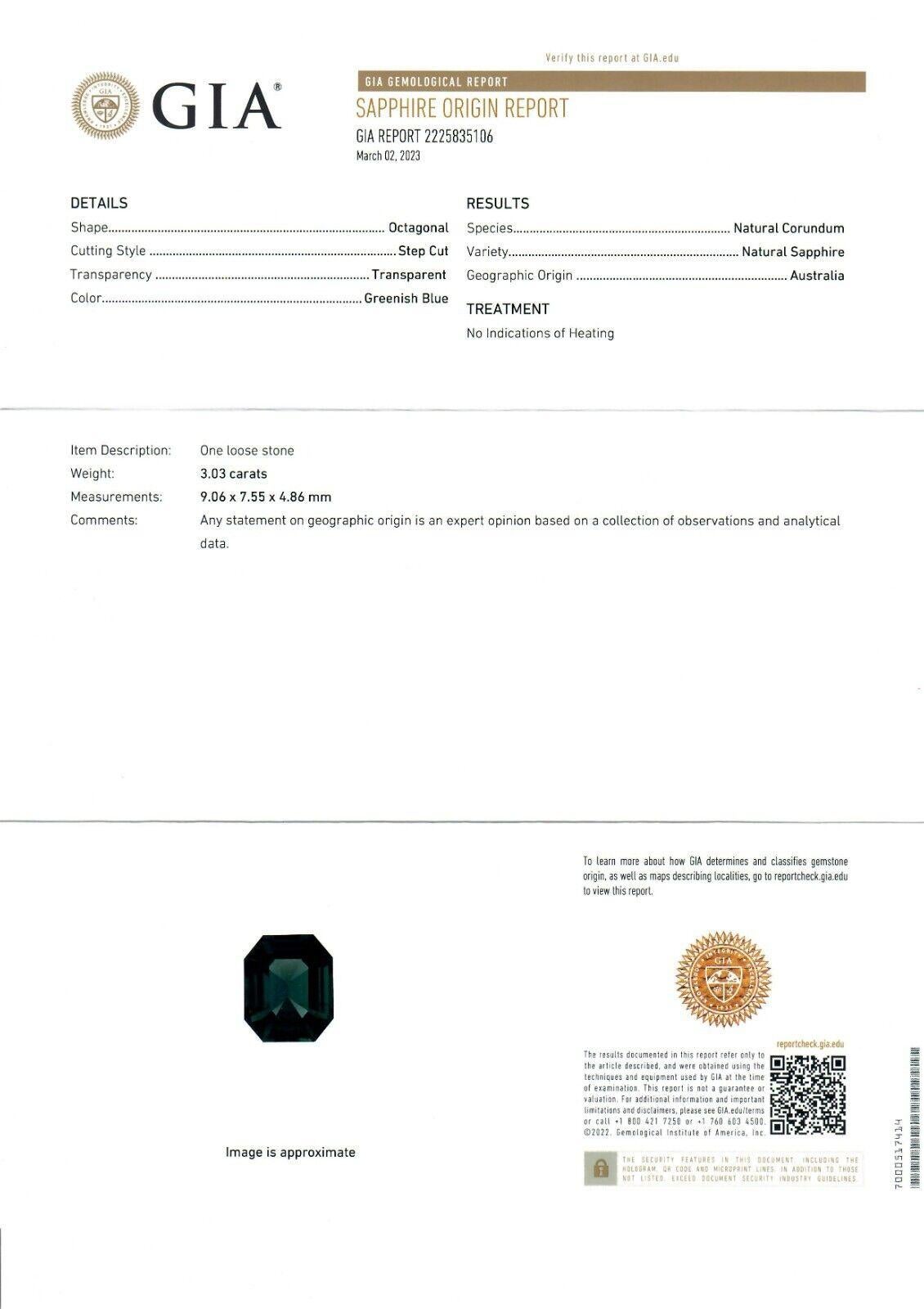 Platinum GIA Octagonal Greenish Blue No Heat Sapphire & Diamond 3 Stone Ring For Sale 6