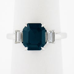 Platinum GIA Octagonal Greenish Blue No Heat Sapphire & Diamond 3 Stone Ring