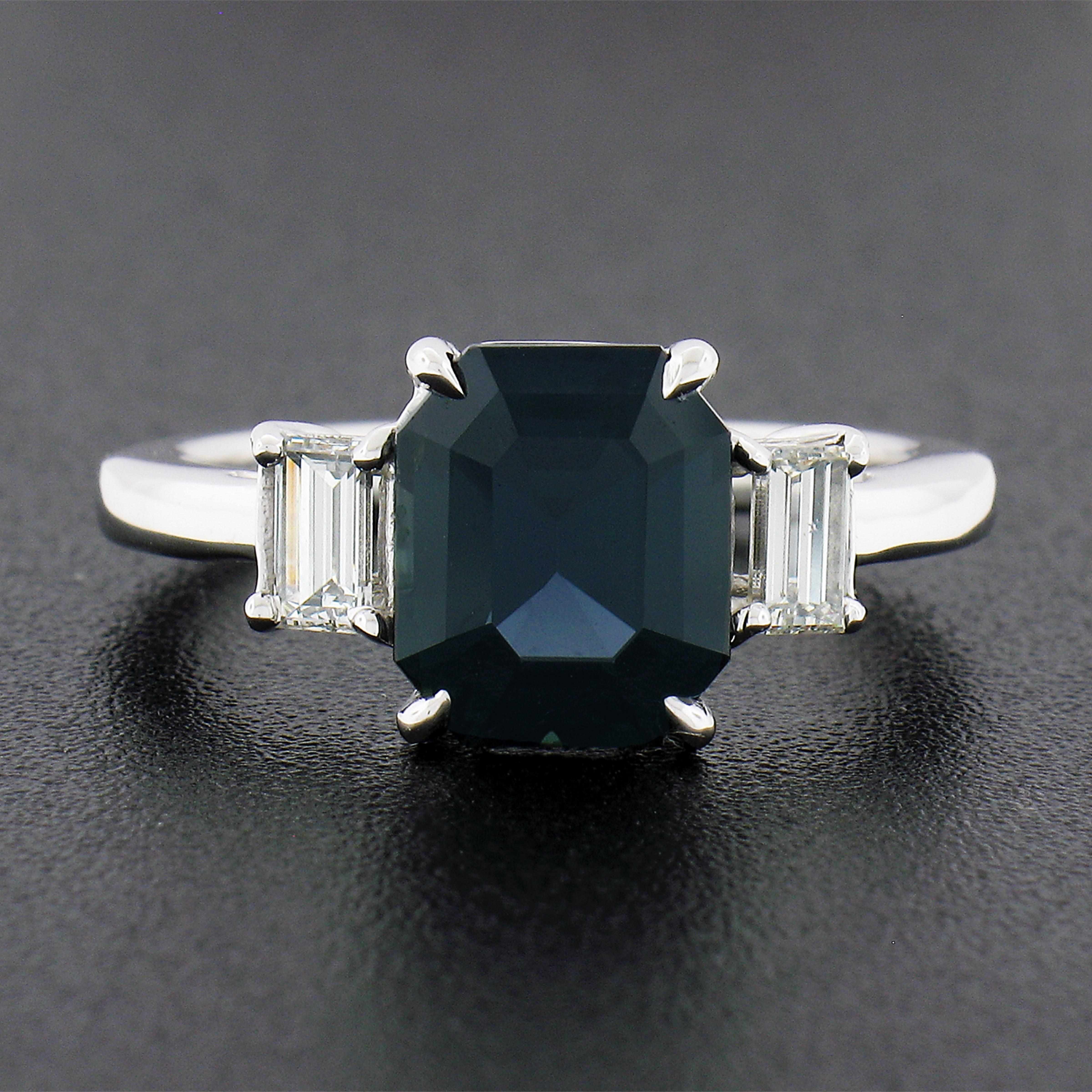 Octagon Cut Platinum GIA Octagonal Greenish Blue No Heat Sapphire & Diamond 3 Stone Ring For Sale