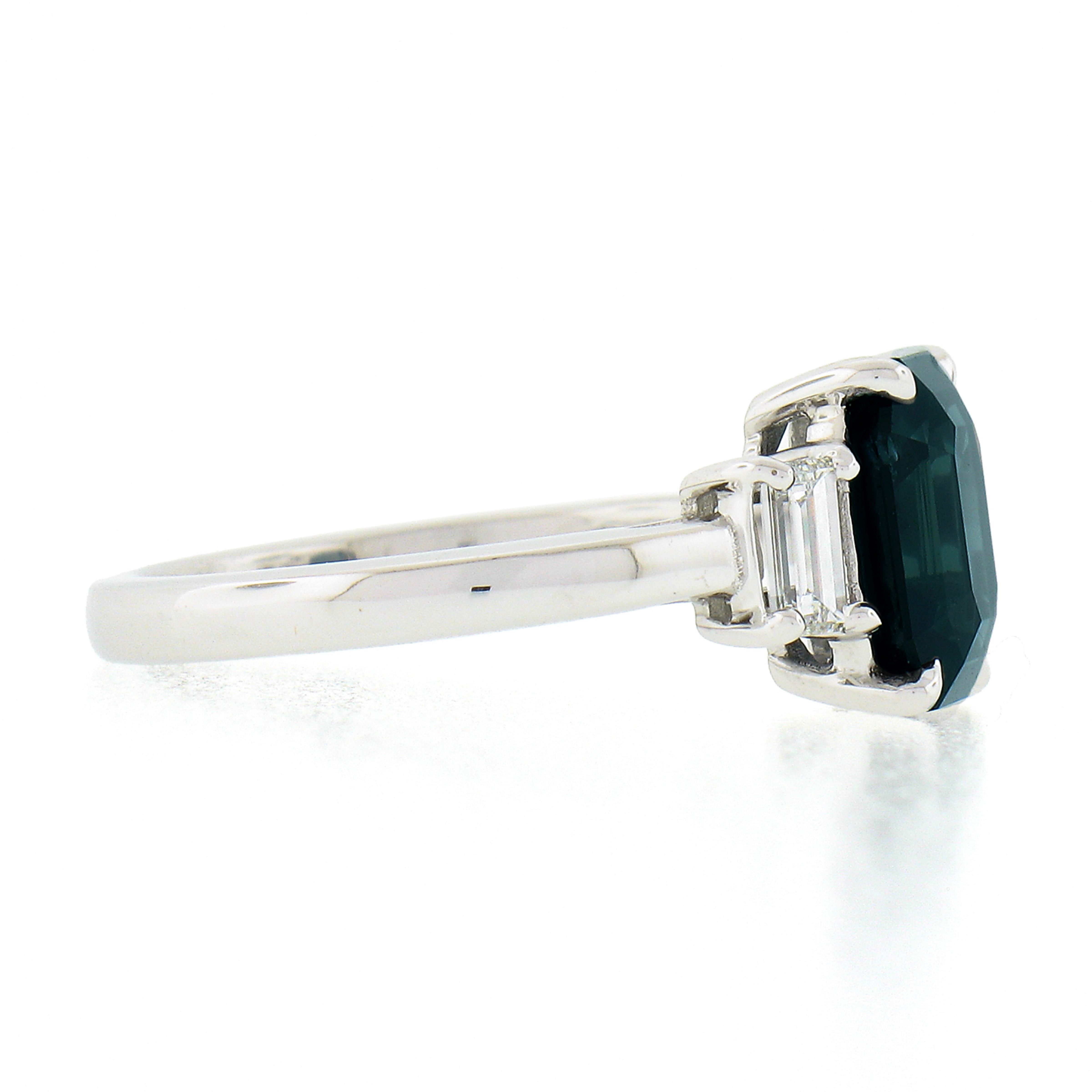 Women's Platinum GIA Octagonal Greenish Blue No Heat Sapphire & Diamond 3 Stone Ring For Sale