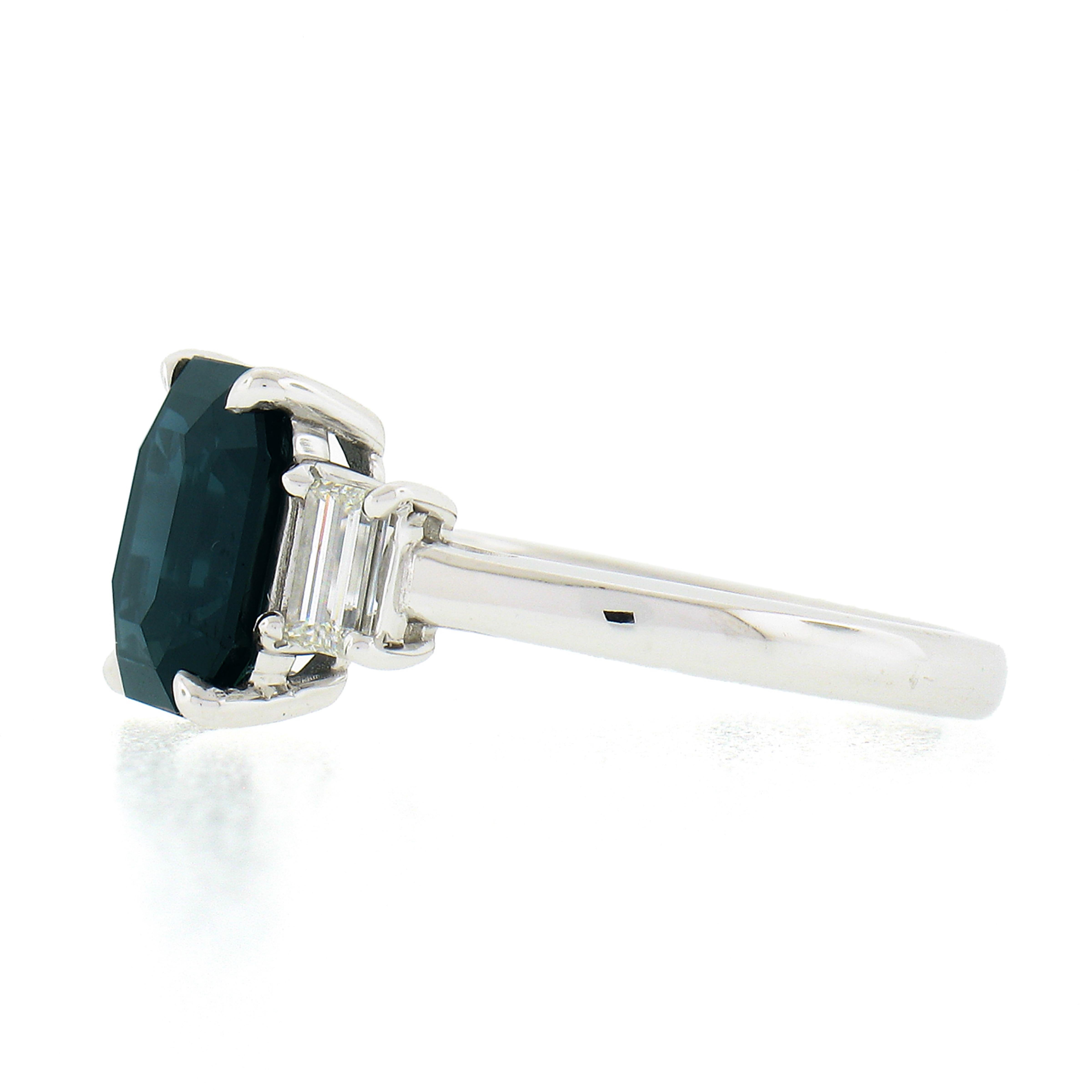 Platinum GIA Octagonal Greenish Blue No Heat Sapphire & Diamond 3 Stone Ring For Sale 1