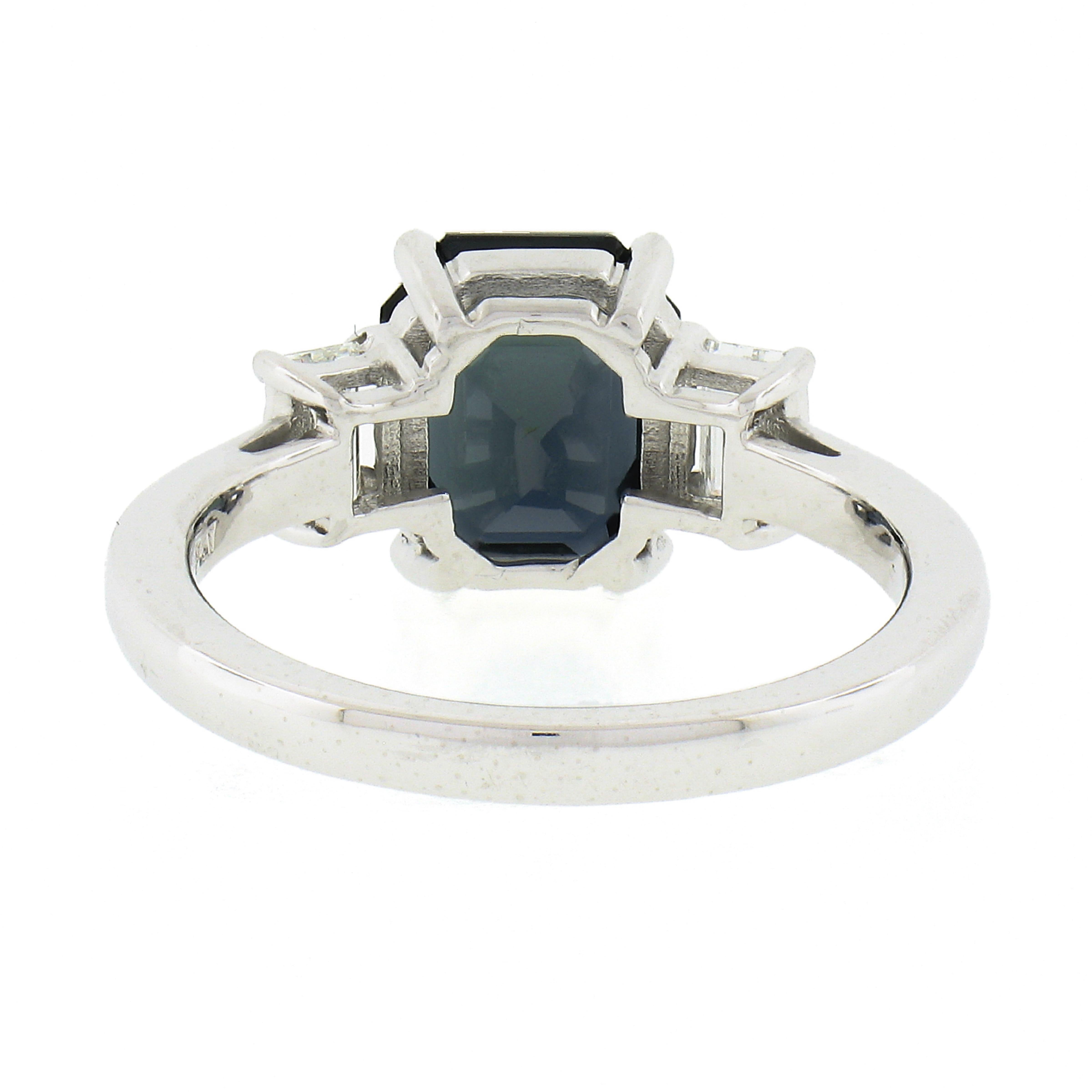 Platinum GIA Octagonal Greenish Blue No Heat Sapphire & Diamond 3 Stone Ring For Sale 2