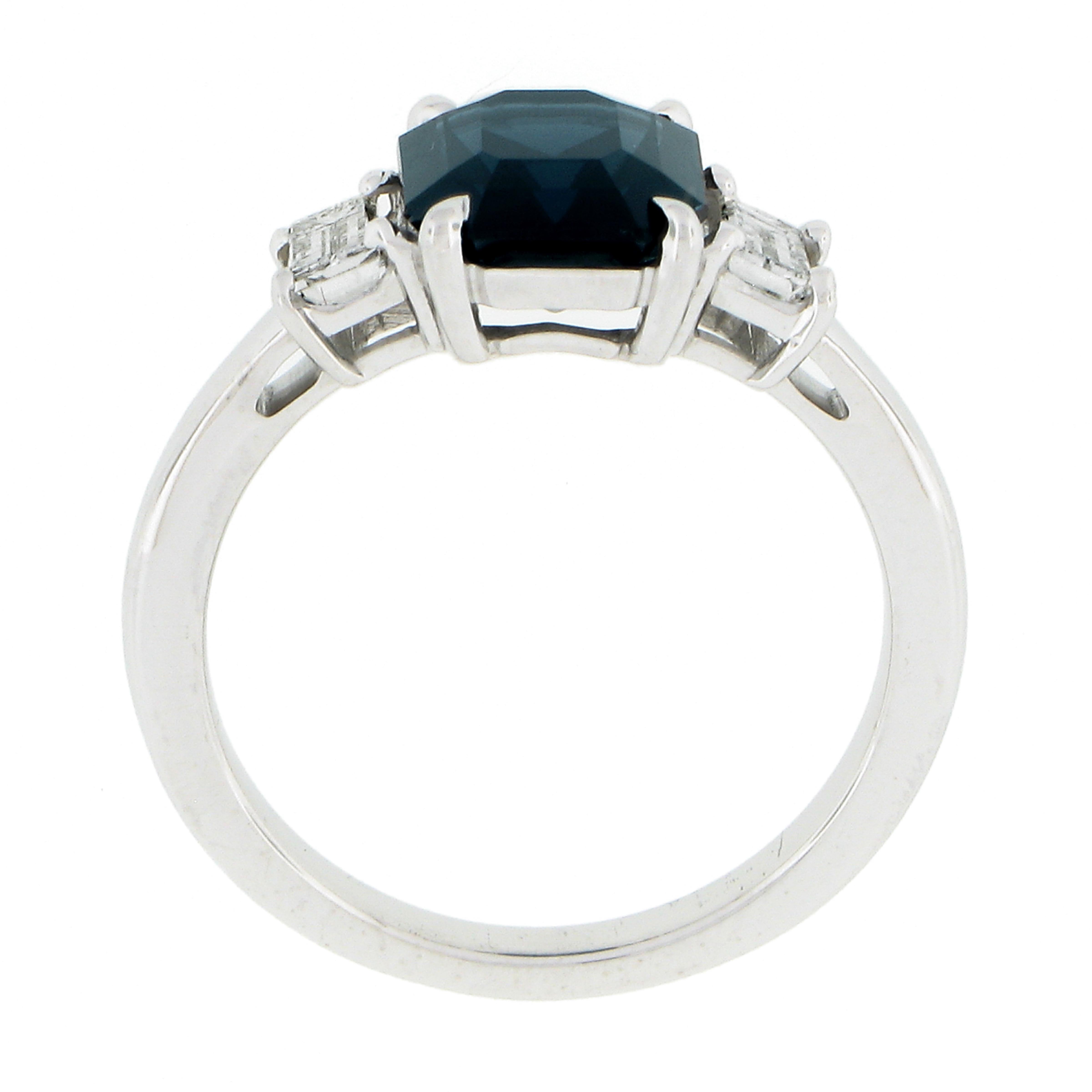 Platinum GIA Octagonal Greenish Blue No Heat Sapphire & Diamond 3 Stone Ring For Sale 3