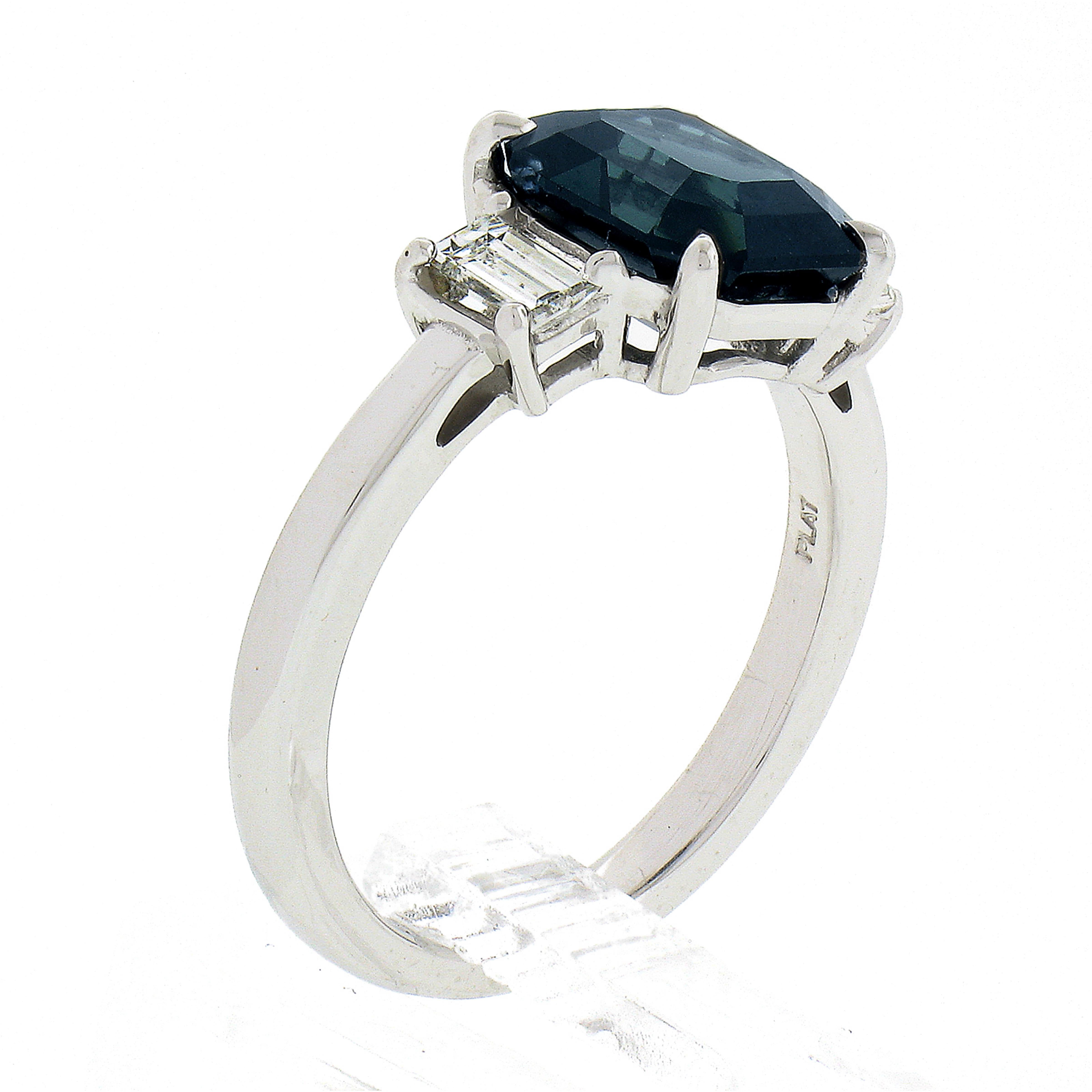 Platinum GIA Octagonal Greenish Blue No Heat Sapphire & Diamond 3 Stone Ring For Sale 4