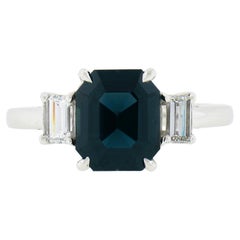 Platinum GIA Octagonal Greenish Blue No Heat Sapphire & Diamond 3 Stone Ring
