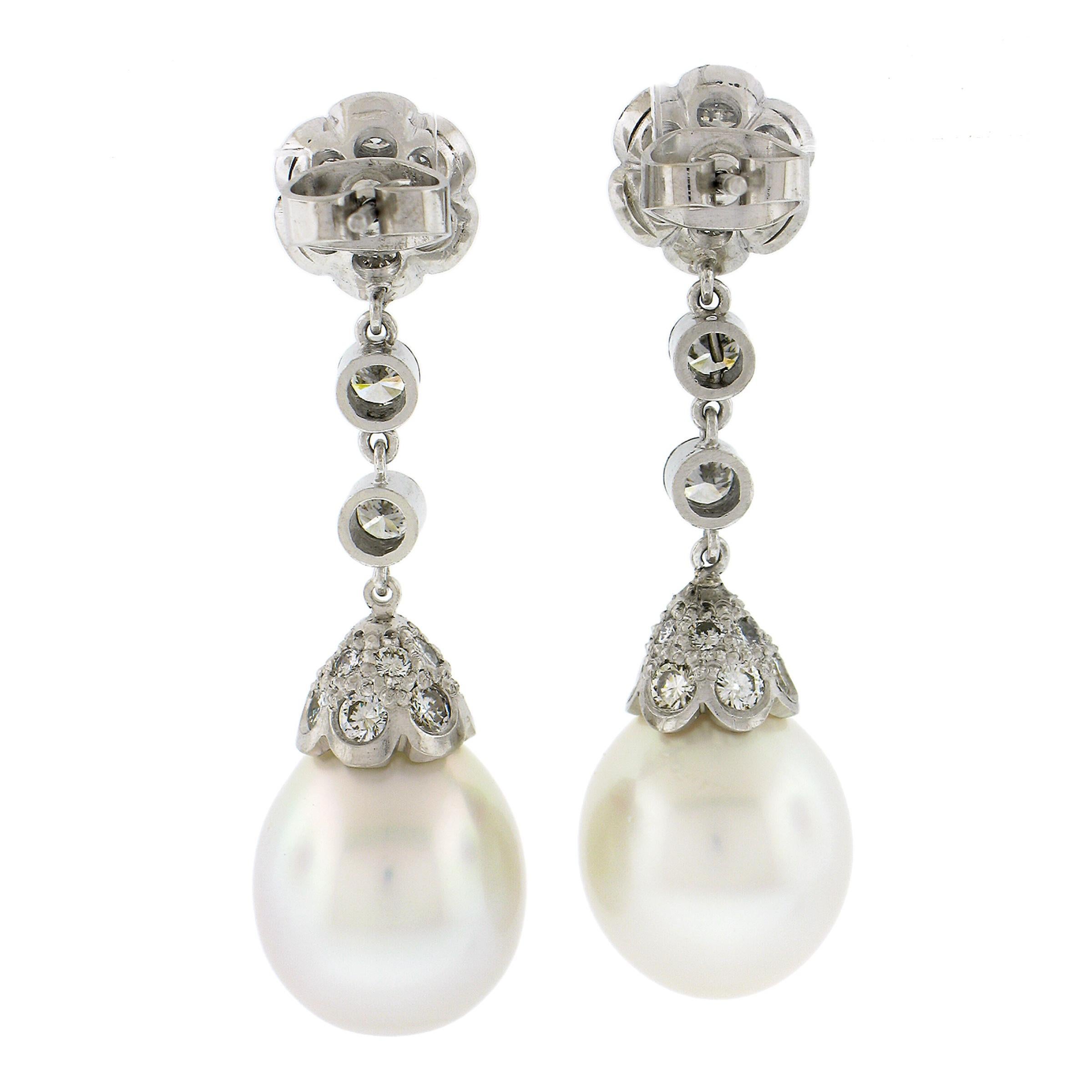 Bead Platinum GIA South Sea Saltwater Cultured Pearl & Diamond Dangle Drop Earrings For Sale