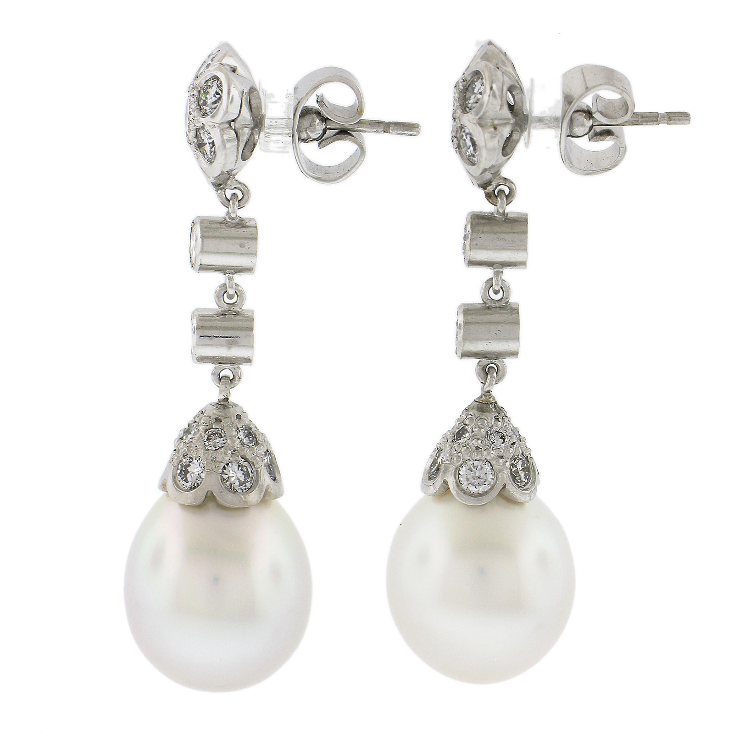 Platinum GIA South Sea Saltwater Cultured Pearl & Diamond Dangle Drop Earrings In Excellent Condition For Sale In Montclair, NJ