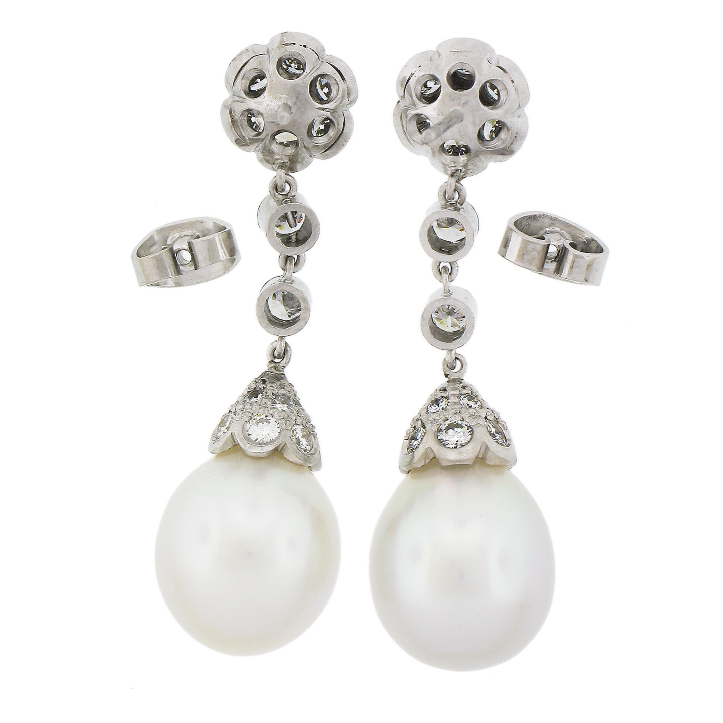 Women's Platinum GIA South Sea Saltwater Cultured Pearl & Diamond Dangle Drop Earrings For Sale