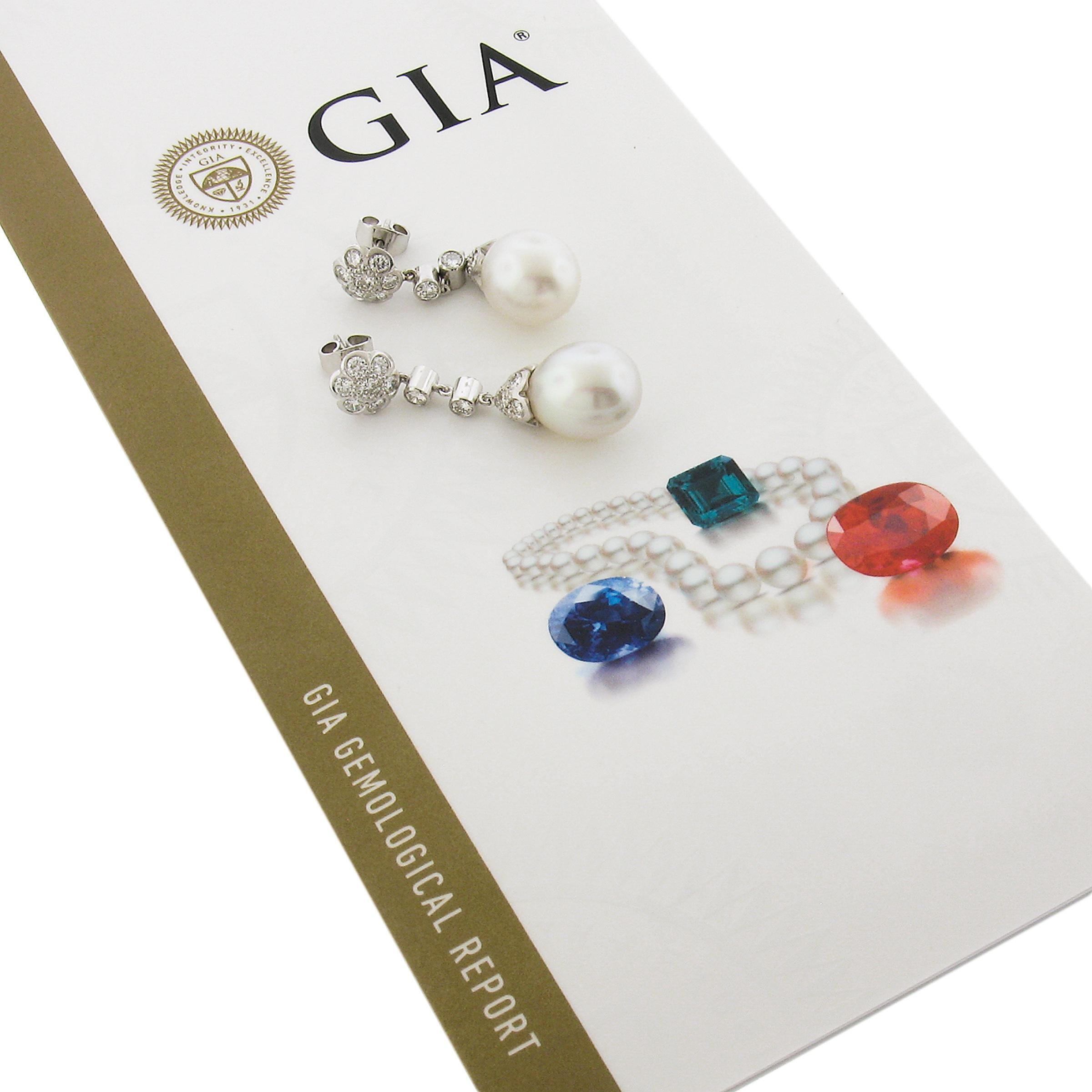 Platinum GIA South Sea Saltwater Cultured Pearl & Diamond Dangle Drop Earrings For Sale 1