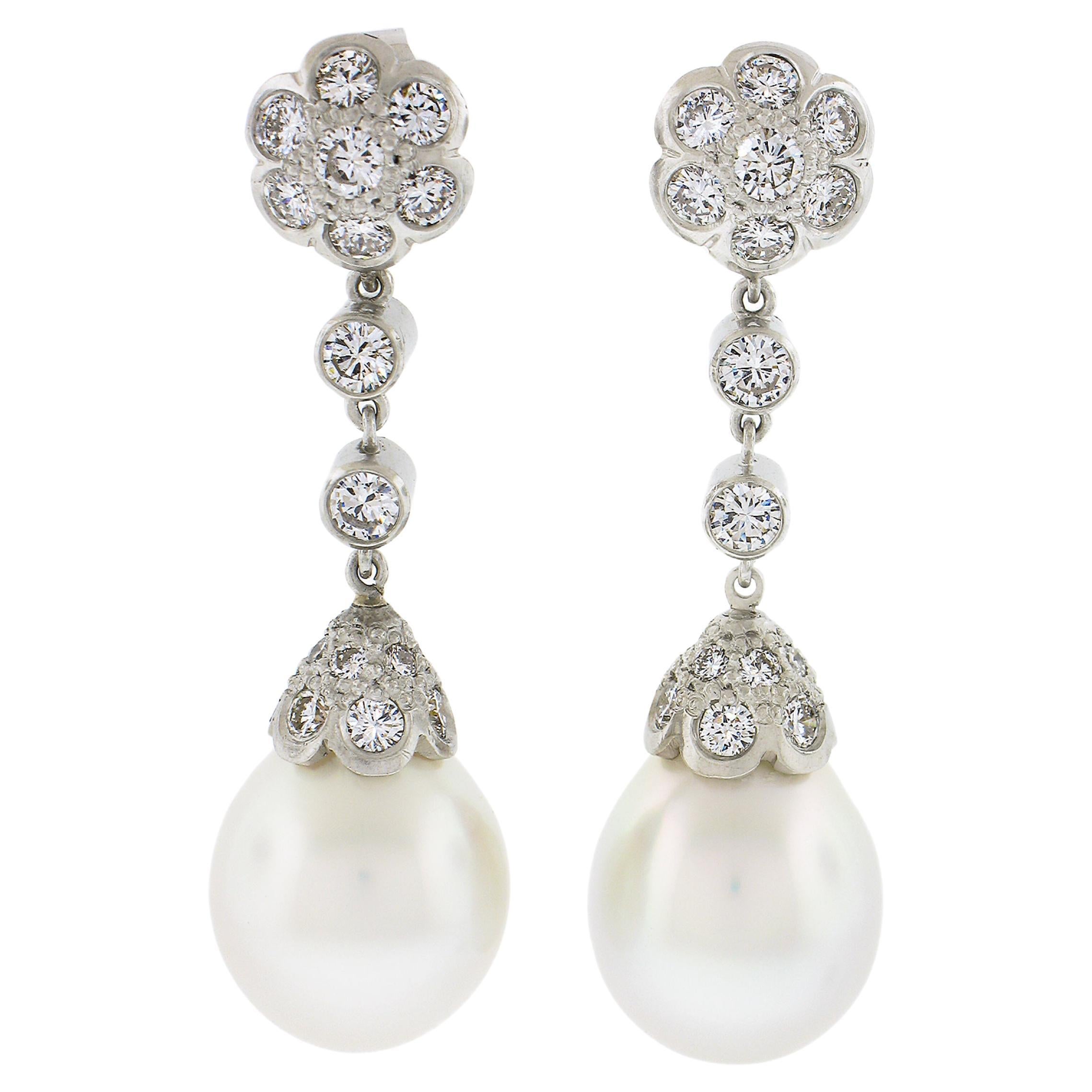 Platinum GIA South Sea Saltwater Cultured Pearl & Diamond Dangle Drop Earrings For Sale