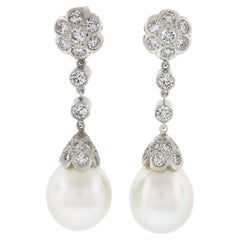 Vintage Platinum GIA South Sea Saltwater Cultured Pearl & Diamond Dangle Drop Earrings
