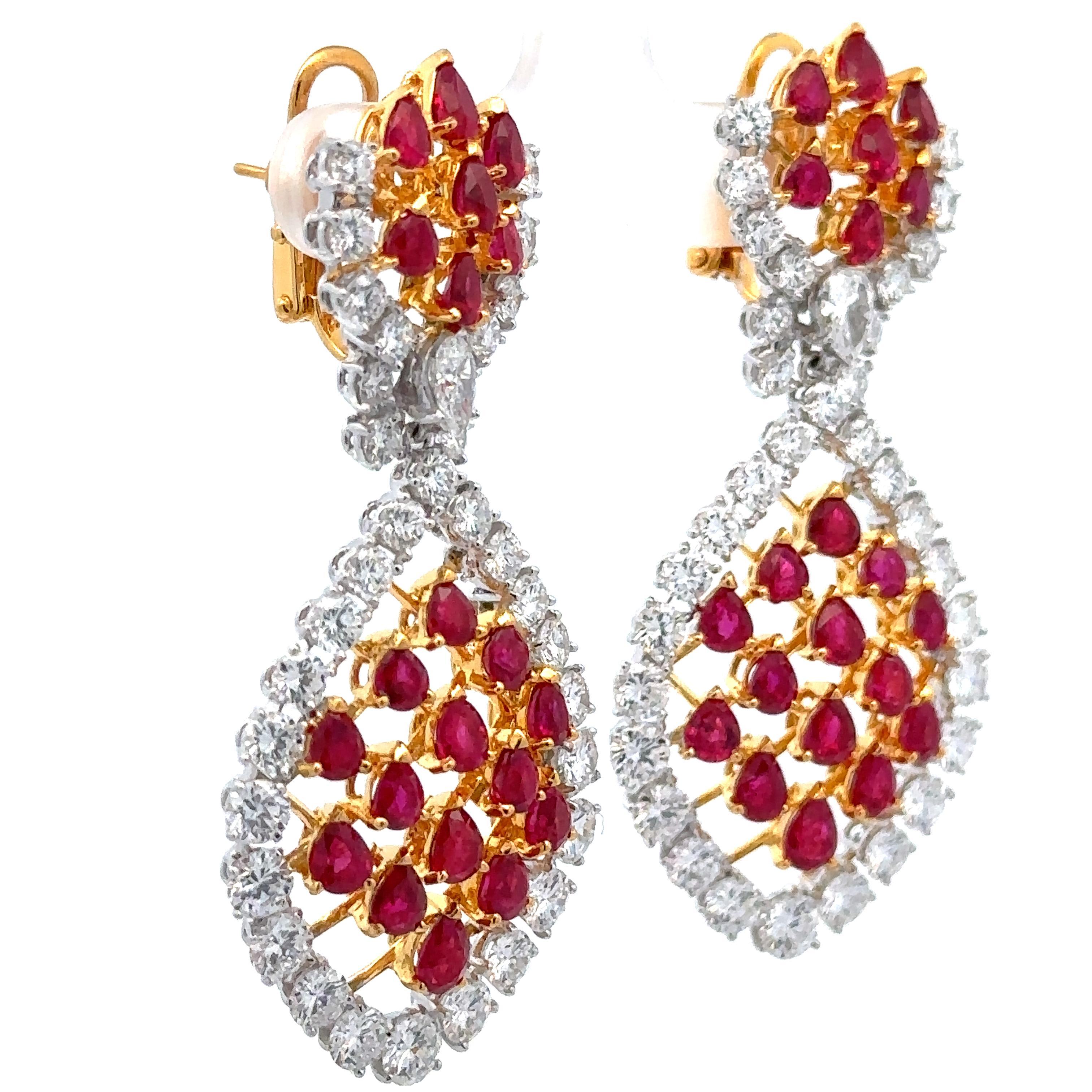 Platinum & Gold 16.47ctw GIA Vivid Burma Ruby Diamond Chandelier Dangle Earrings For Sale 5