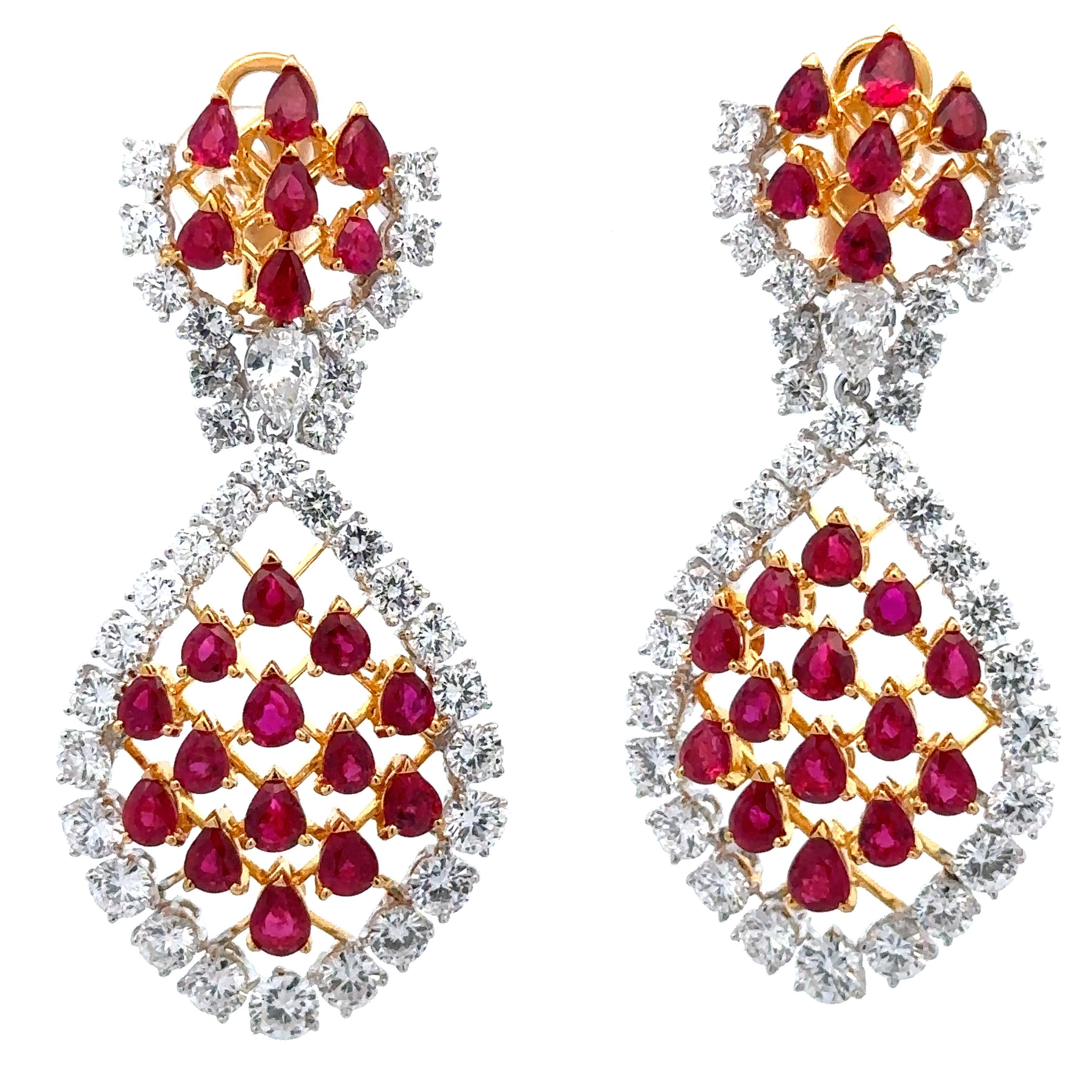Platinum & Gold 16.47ctw GIA Vivid Burma Ruby Diamond Chandelier Dangle Earrings For Sale 6