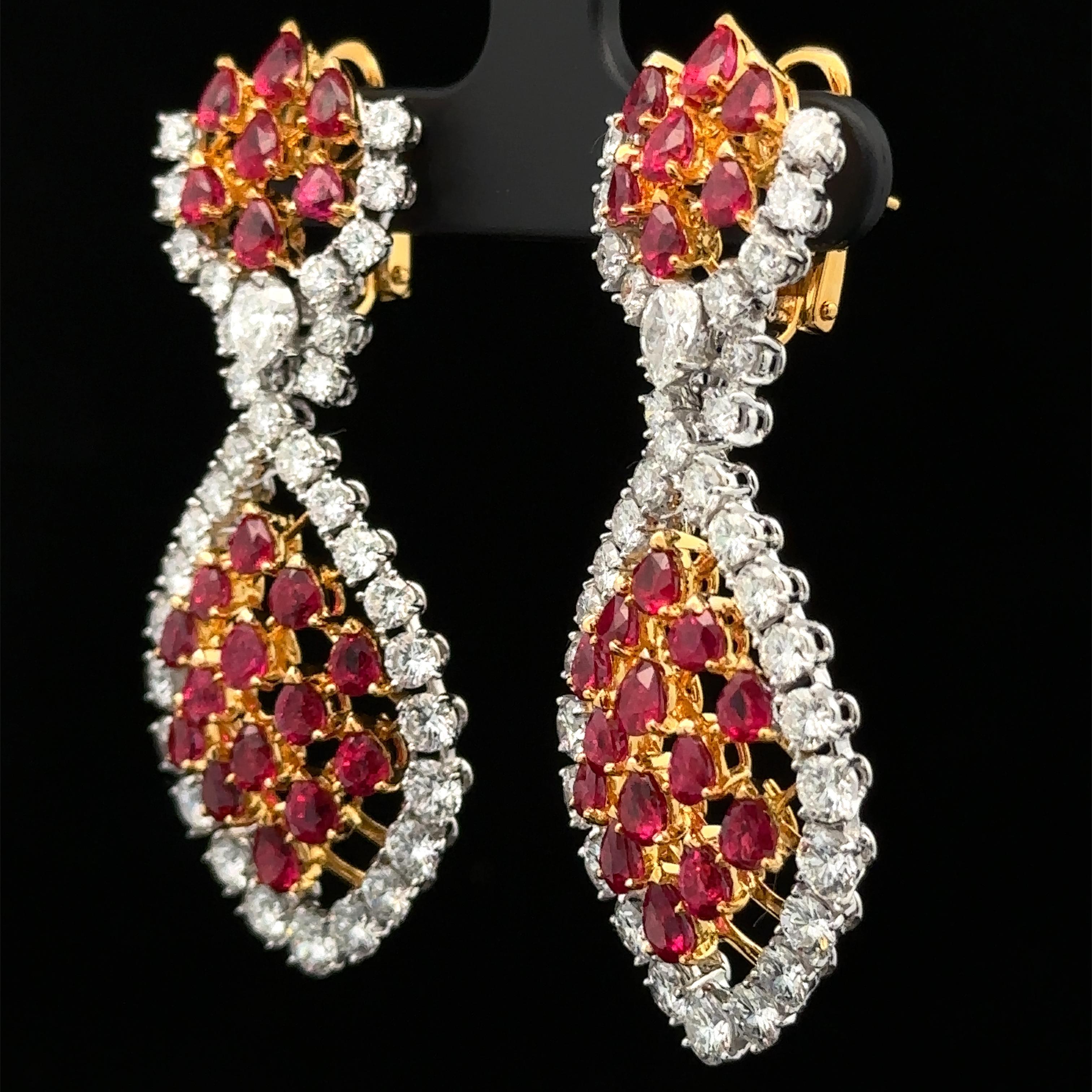 Pear Cut Platinum & Gold 16.47ctw GIA Vivid Burma Ruby Diamond Chandelier Dangle Earrings For Sale