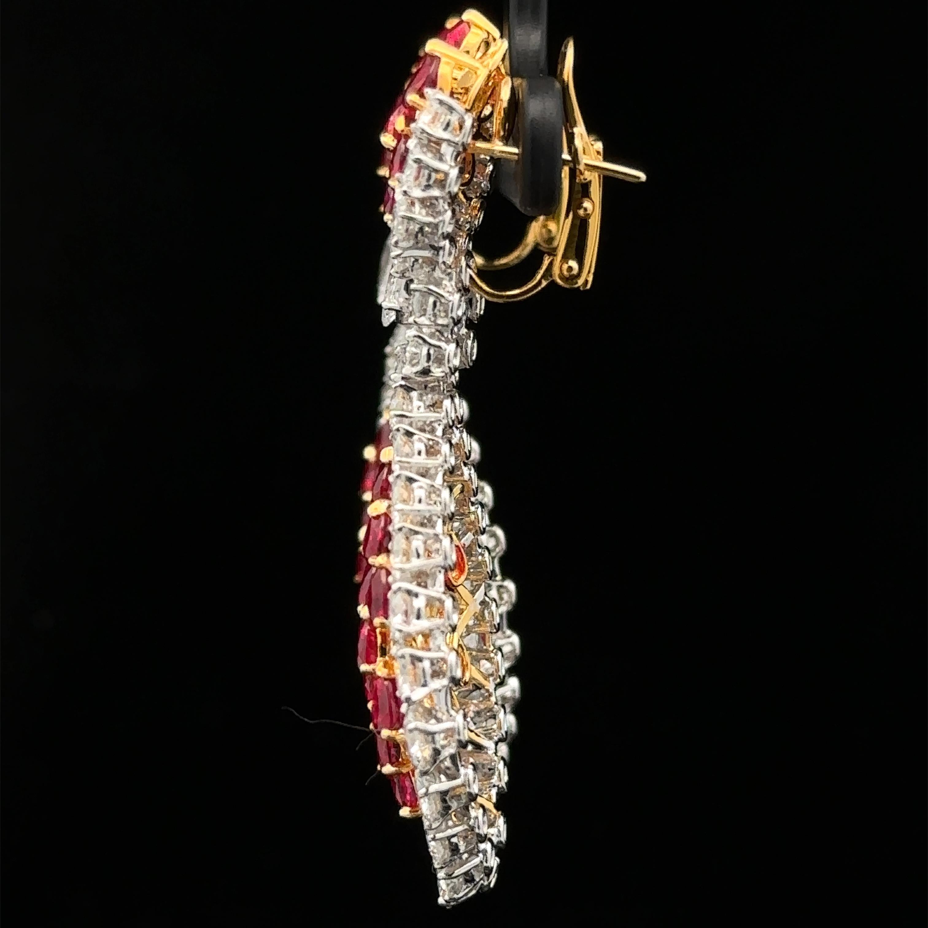 Platinum & Gold 16.47ctw GIA Vivid Burma Ruby Diamond Chandelier Dangle Earrings In Excellent Condition For Sale In Montclair, NJ