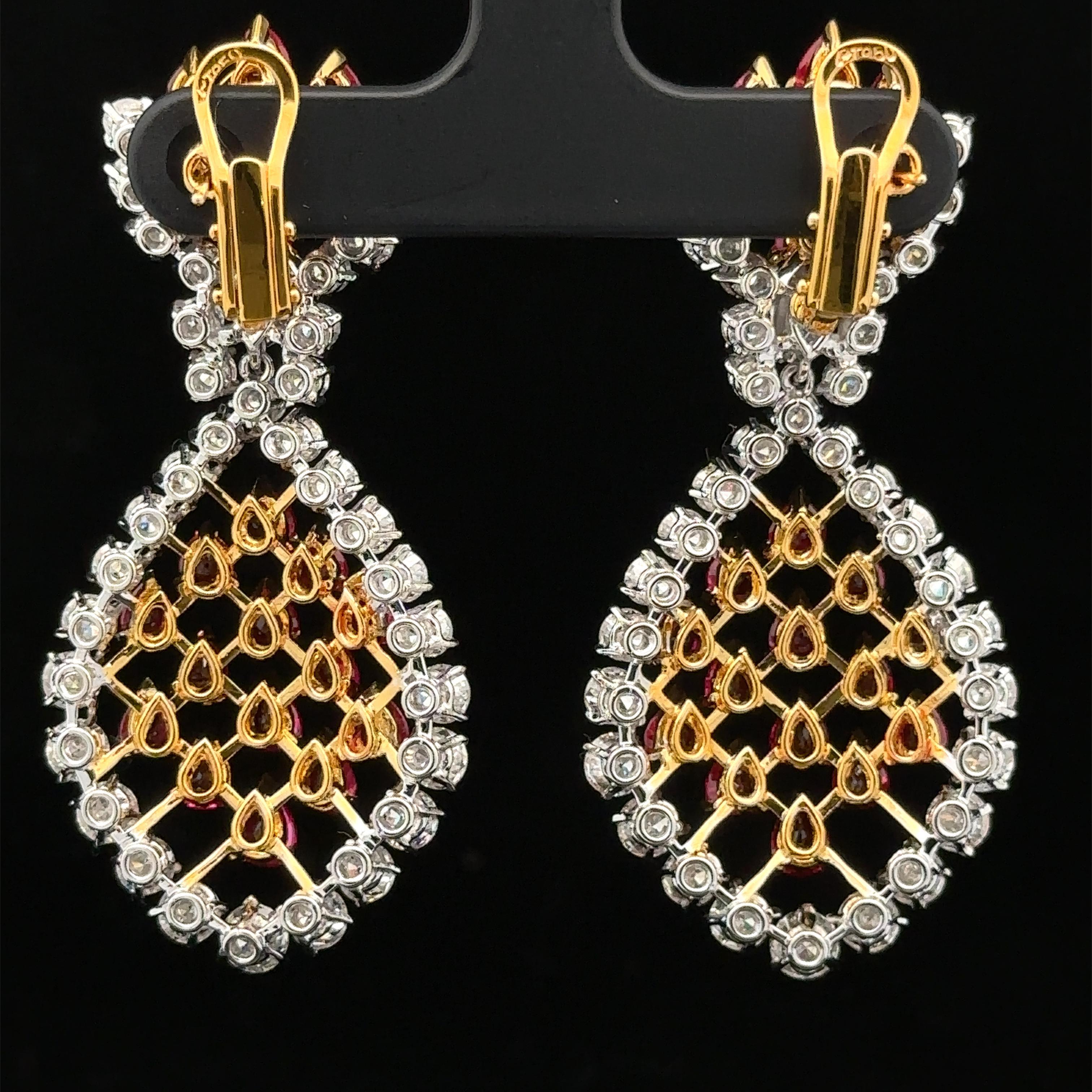 Women's Platinum & Gold 16.47ctw GIA Vivid Burma Ruby Diamond Chandelier Dangle Earrings For Sale