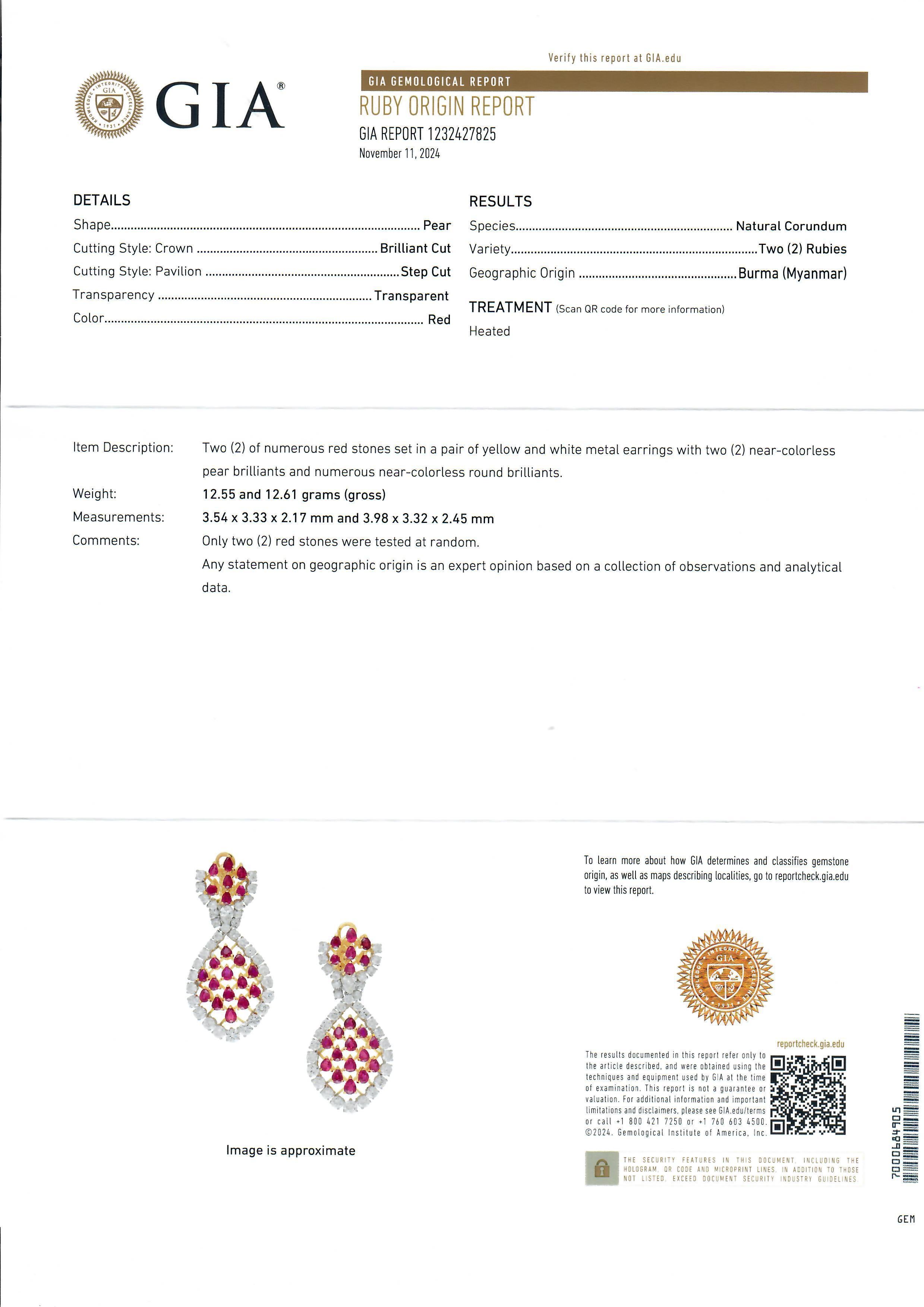 Platinum & Gold 16.47ctw GIA Vivid Burma Ruby Diamond Chandelier Dangle Earrings For Sale 1