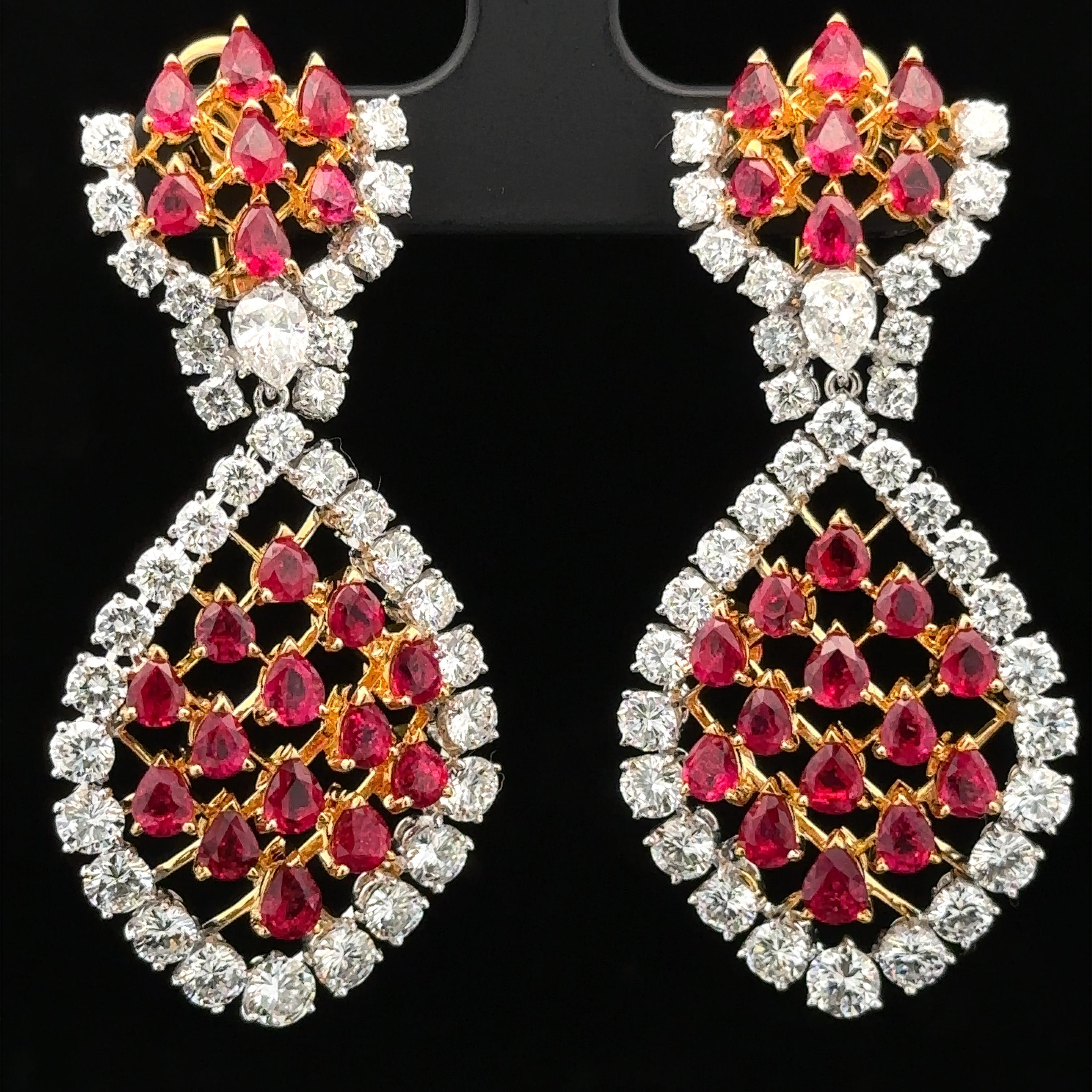 Platinum & Gold 16.47ctw GIA Vivid Burma Ruby Diamond Chandelier Dangle Earrings For Sale 2