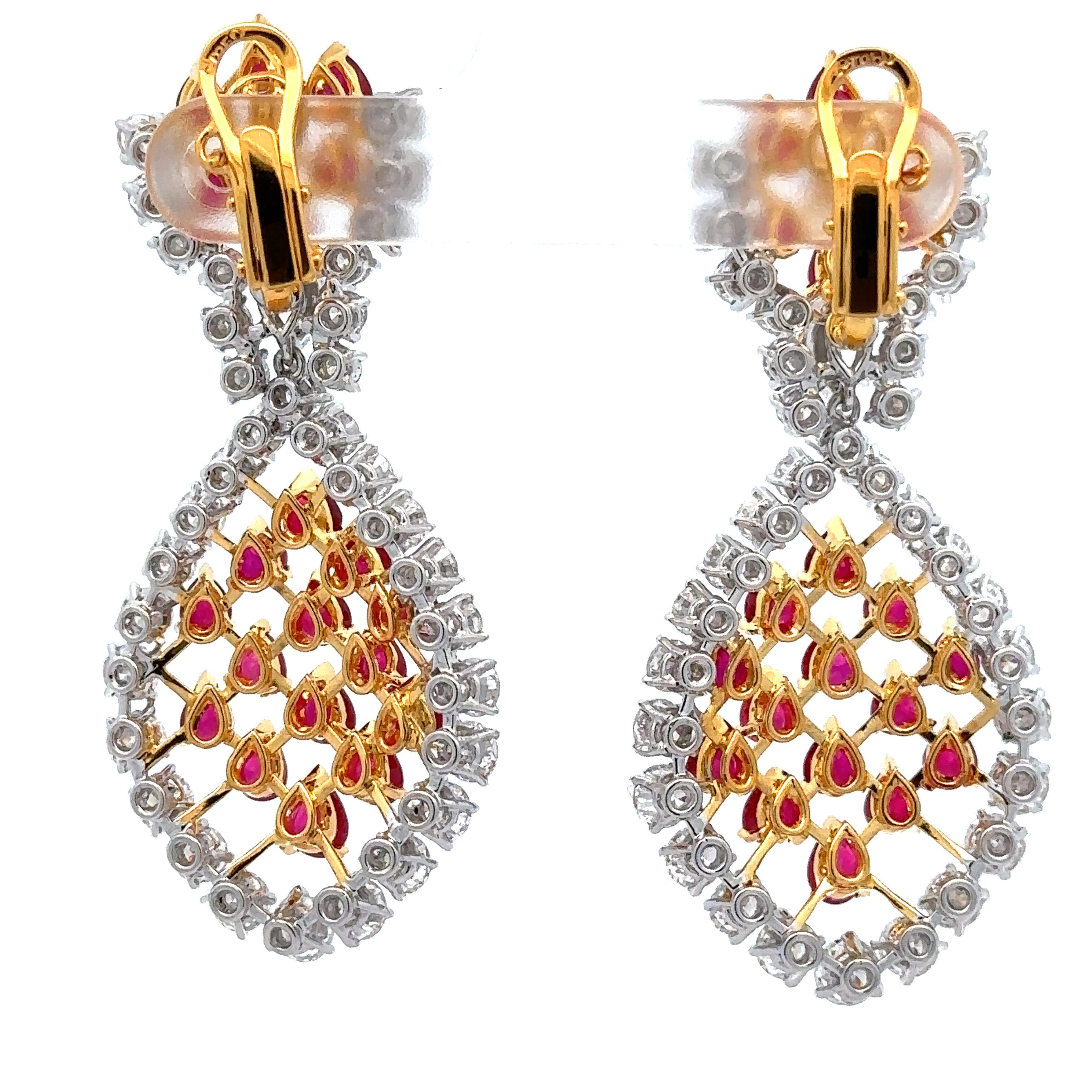 Platinum & Gold 16.47ctw GIA Vivid Burma Ruby Diamond Chandelier Dangle Earrings For Sale 3