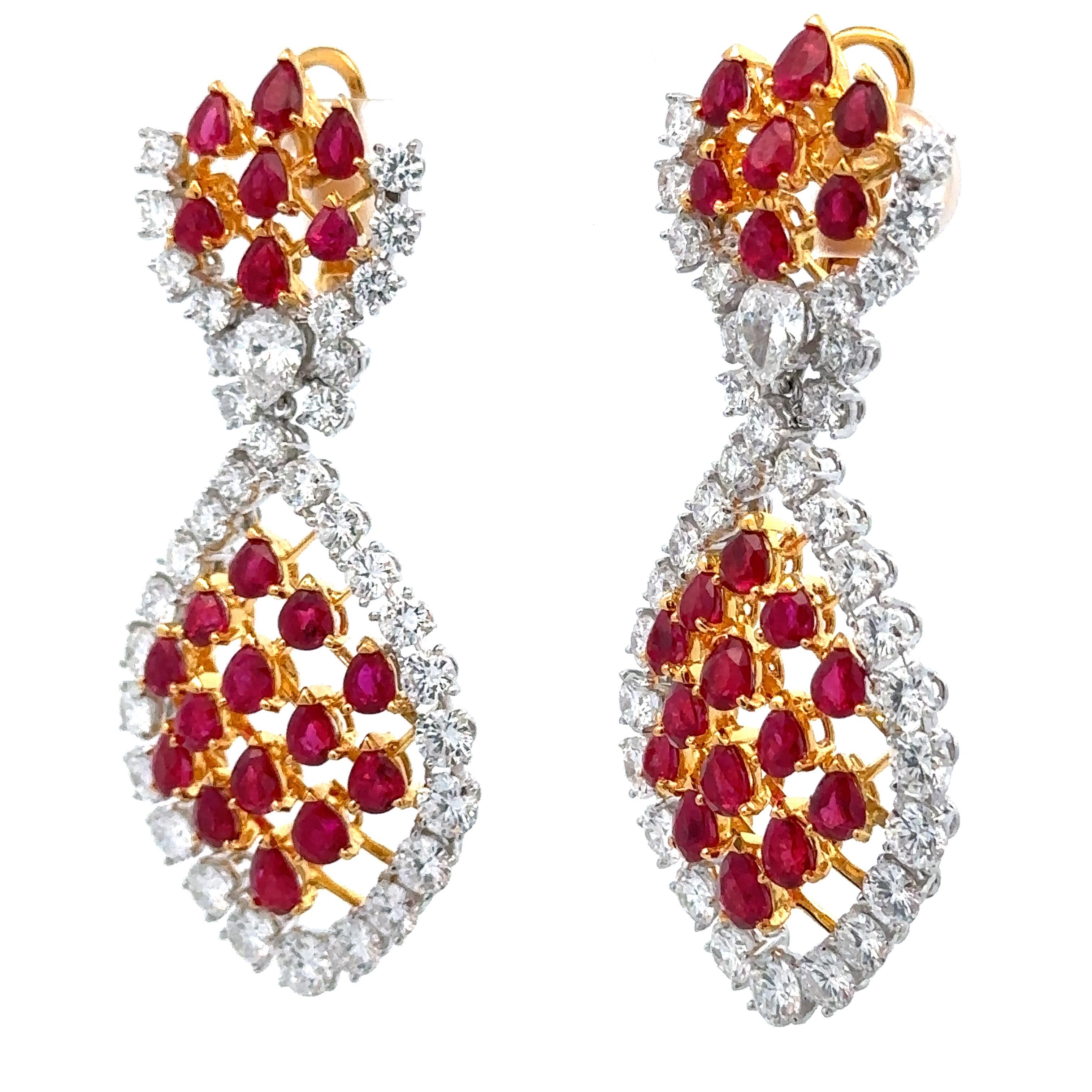 Platinum & Gold 16.47ctw GIA Vivid Burma Ruby Diamond Chandelier Dangle Earrings For Sale 4