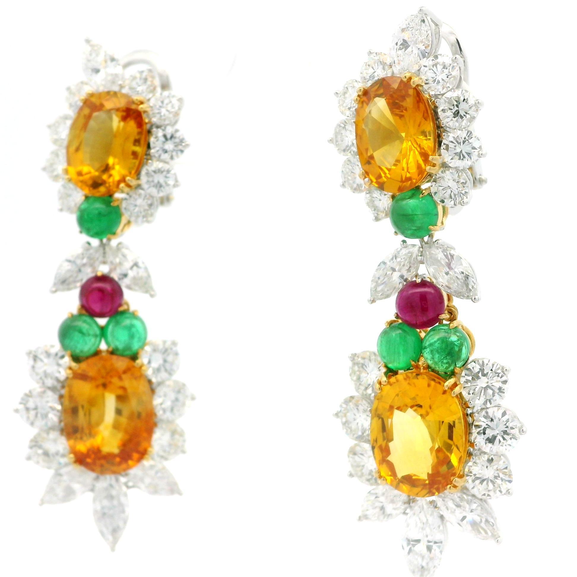 Pendants d'oreilles en platine et or 35,09 carats, certifiés GIA, saphir, émeraude, rubis et diamant en vente 6