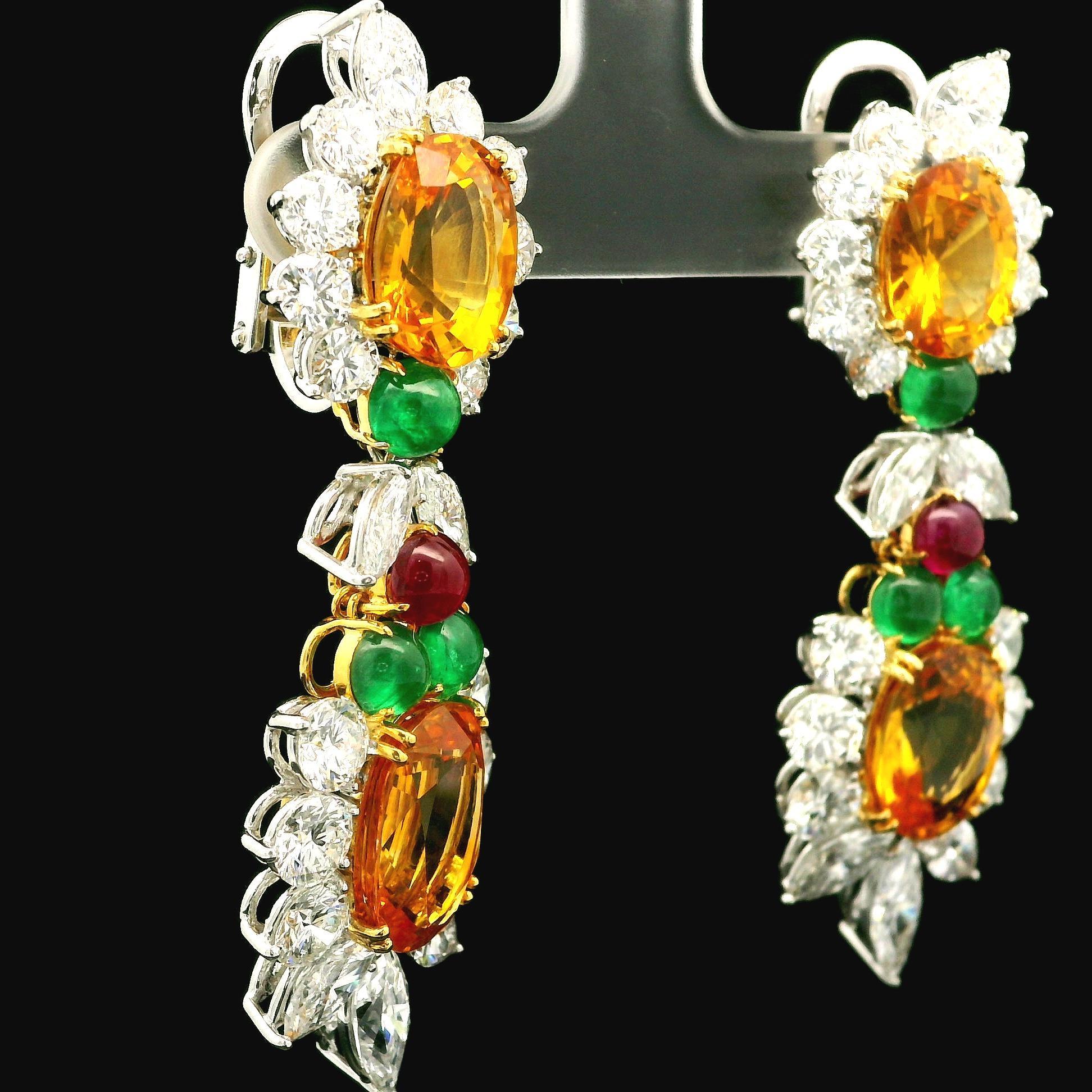 Pendants d'oreilles en platine et or 35,09 carats, certifiés GIA, saphir, émeraude, rubis et diamant en vente 7