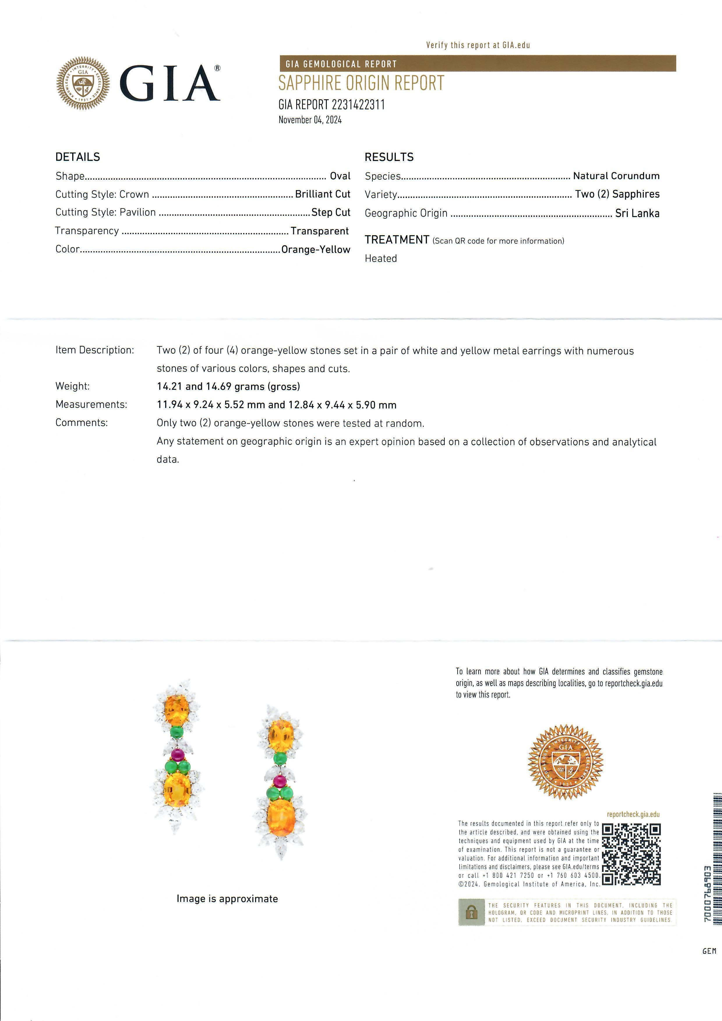 Pendants d'oreilles en platine et or 35,09 carats, certifiés GIA, saphir, émeraude, rubis et diamant en vente 1